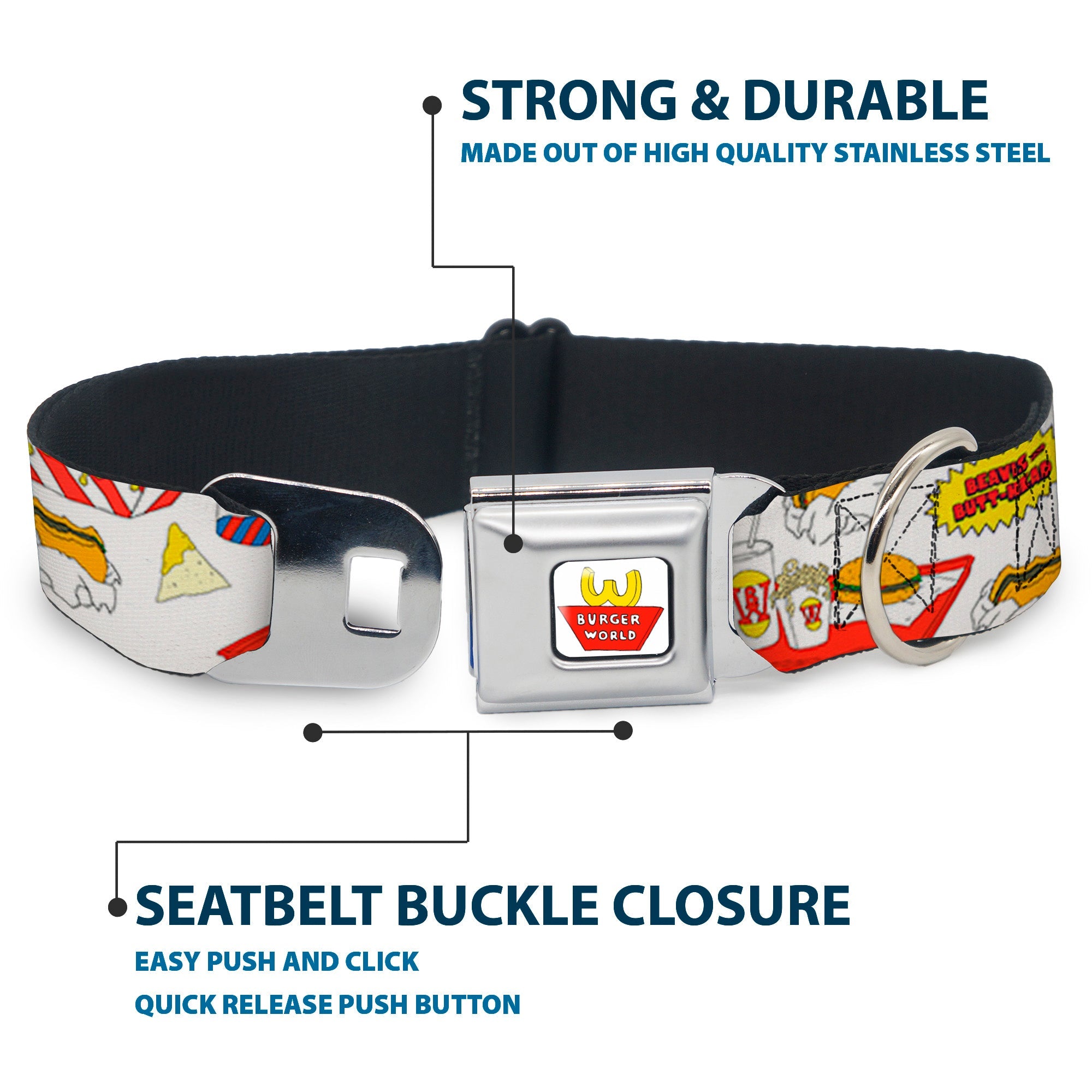 Buckle-Down Beavis and Butt-Head Burger World Logo Full Color White Seatbelt Buckle Dog Collar - Beavis And Butt-Head Burger World Icons Collage White