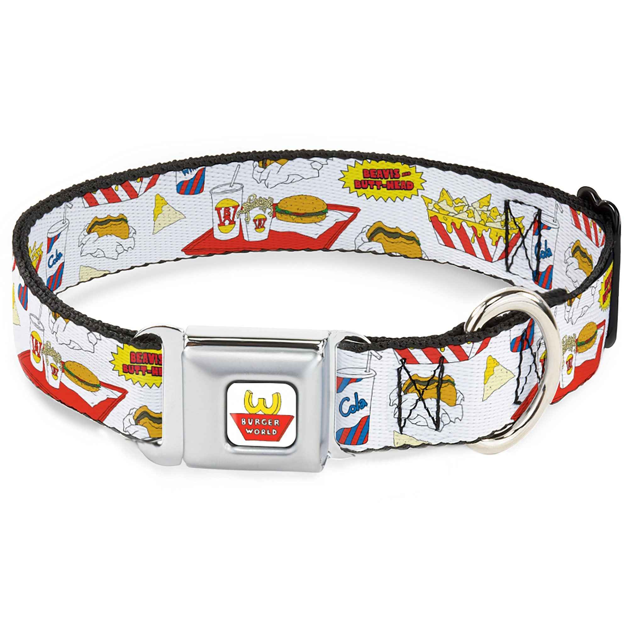 Buckle-Down Beavis and Butt-Head Burger World Logo Full Color White Seatbelt Buckle Dog Collar - Beavis And Butt-Head Burger World Icons Collage White