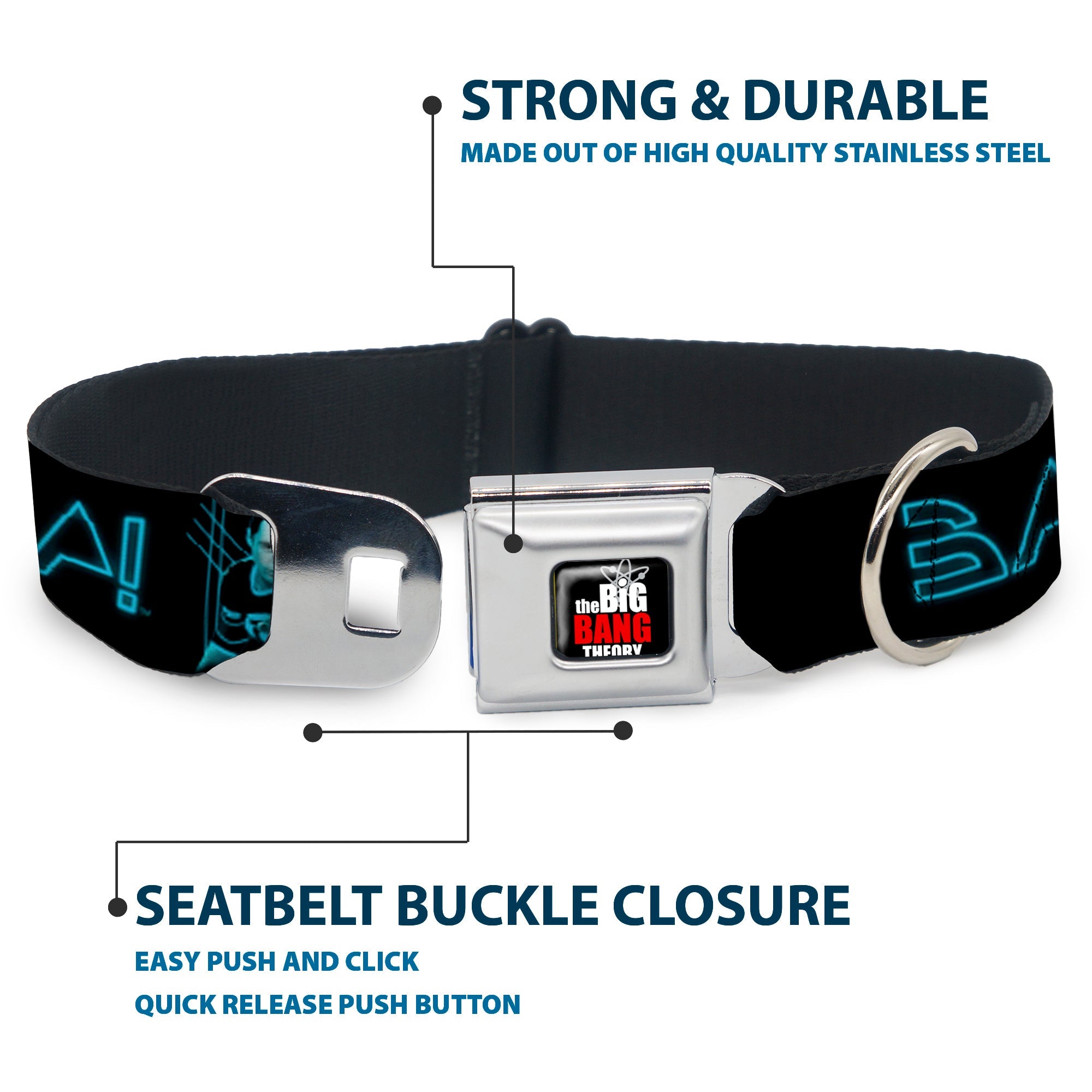 THE BIG BANG THEORY Full Color Black White Red Seatbelt Buckle Collar - Sheldon/BAZINGA! Black/Blue Glow
