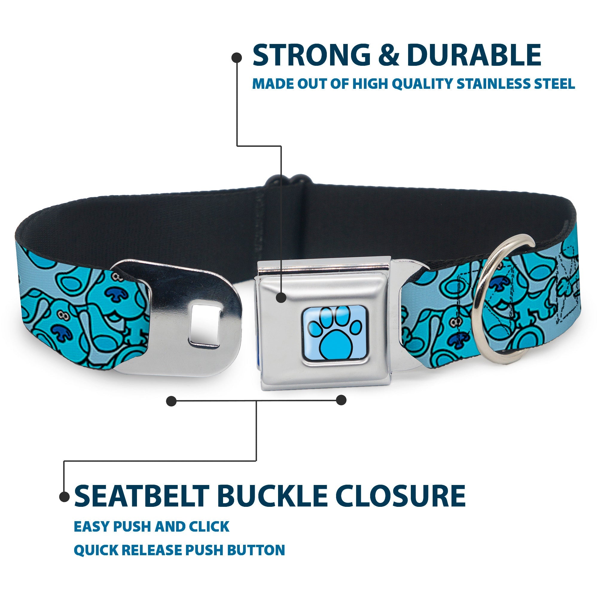 Blue's Clues Paw Full Color Blues Seatbelt Buckle Collar - Blue's Clues Blue Poses Scattered Blues