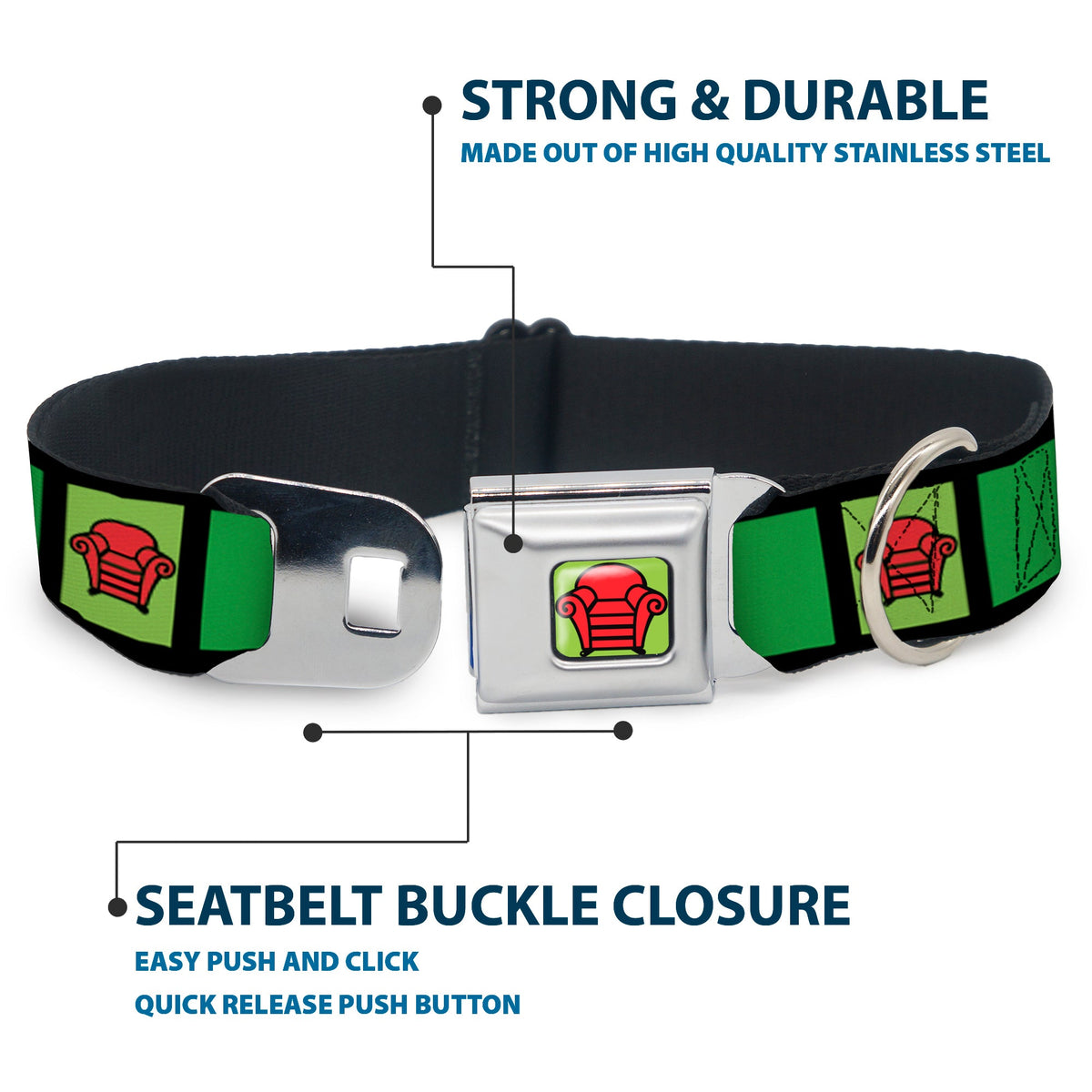 Blues Clues Steves Thinking Chair Full Color Green/Black/Red Seatbelt Buckle Collar - Blues Clues Steves Stripe and Thinking Chair Black/Greens/Red