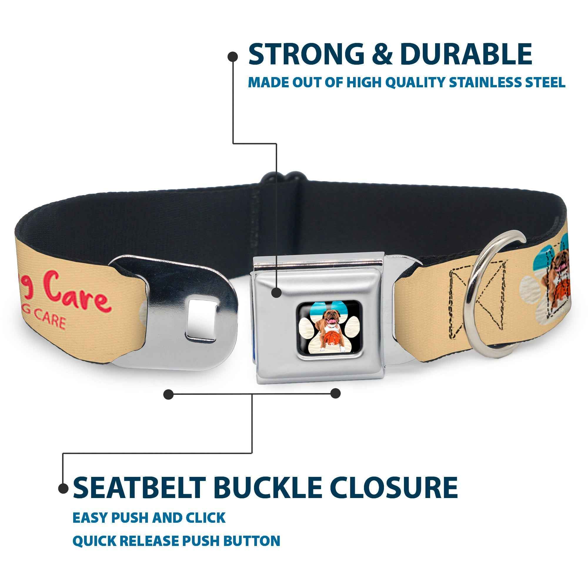 Buckle-Down Beach Dawg Care Paw Logo Full Color Black Seatbelt Buckle Dog Collar - Beach Dawg Care All Dogs Are Equal Cream/Pink