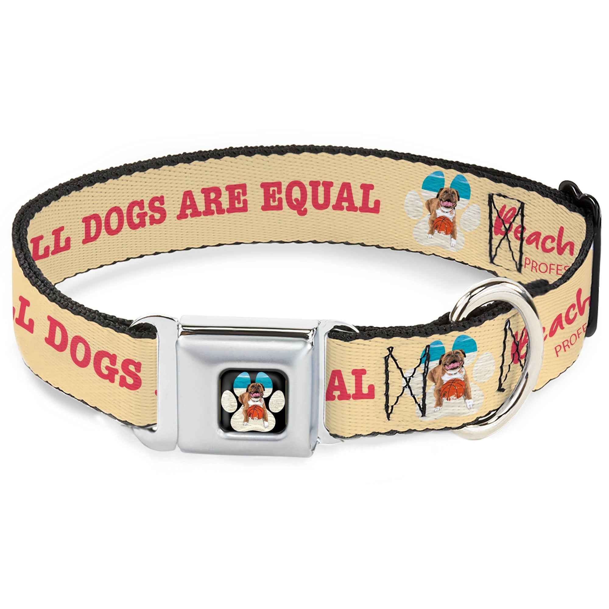 Buckle-Down Beach Dawg Care Paw Logo Full Color Black Seatbelt Buckle Dog Collar - Beach Dawg Care All Dogs Are Equal Cream/Pink