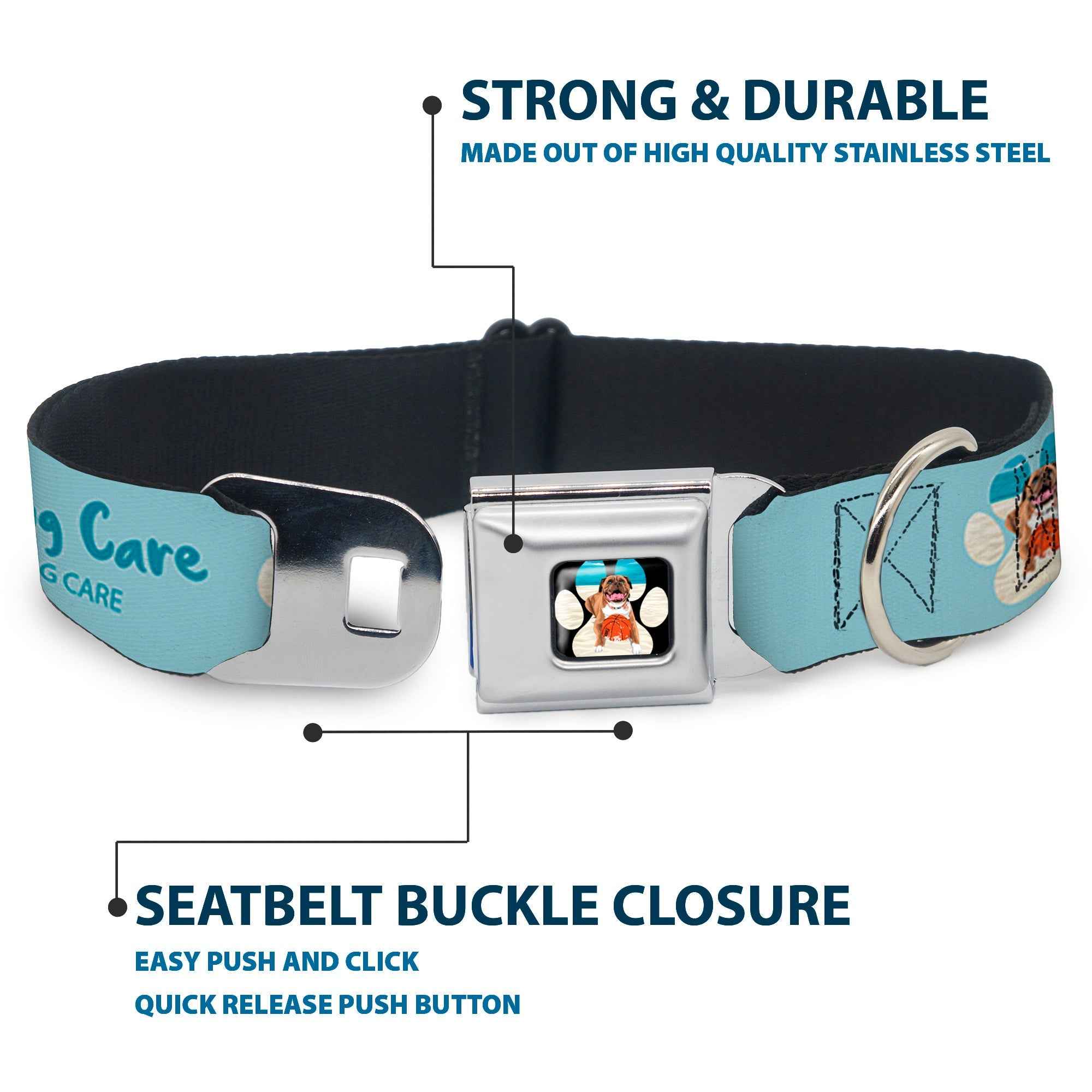 Buckle-Down Beach Dawg Care Paw Logo Full Color Black Seatbelt Buckle Dog Collar - Beach Dawg Care All Dogs Are Equal Blues