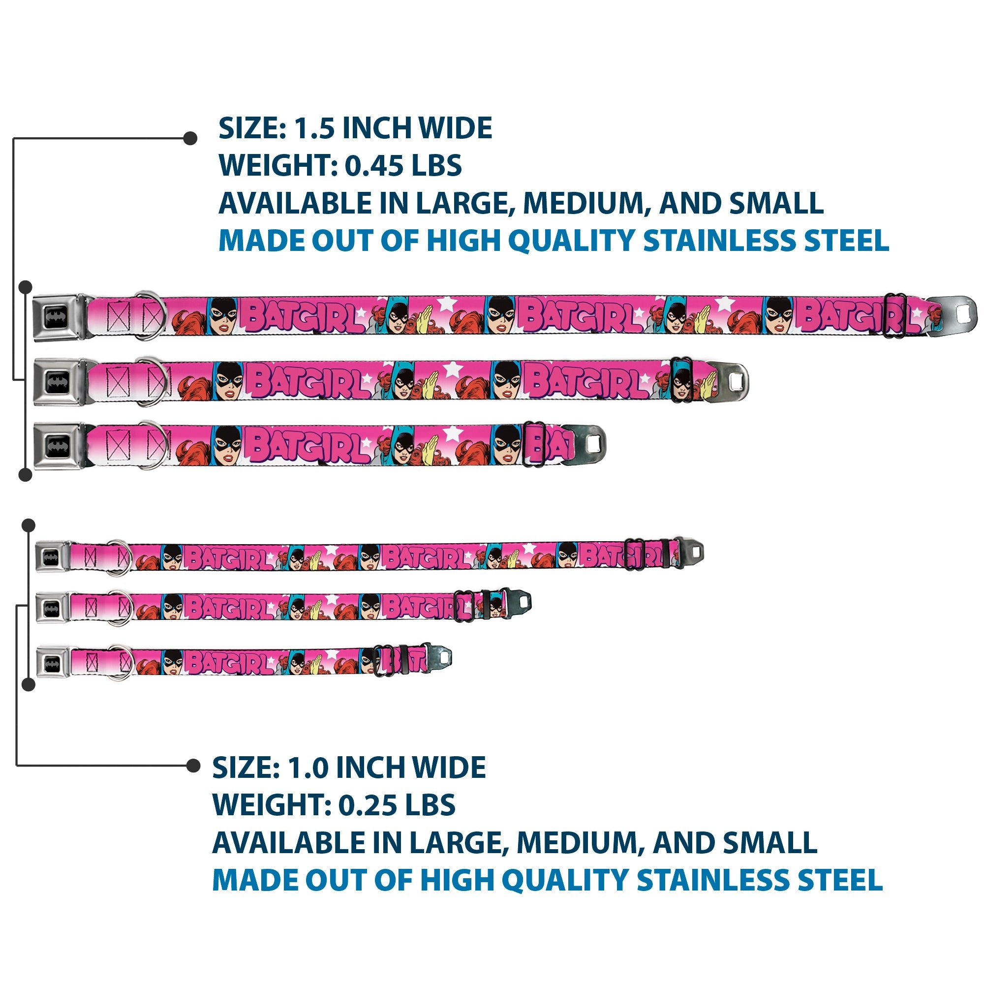 Batman Black/Silver Seatbelt Buckle Collar - BATGIRL Bubble Letters w/Stars Pink/White