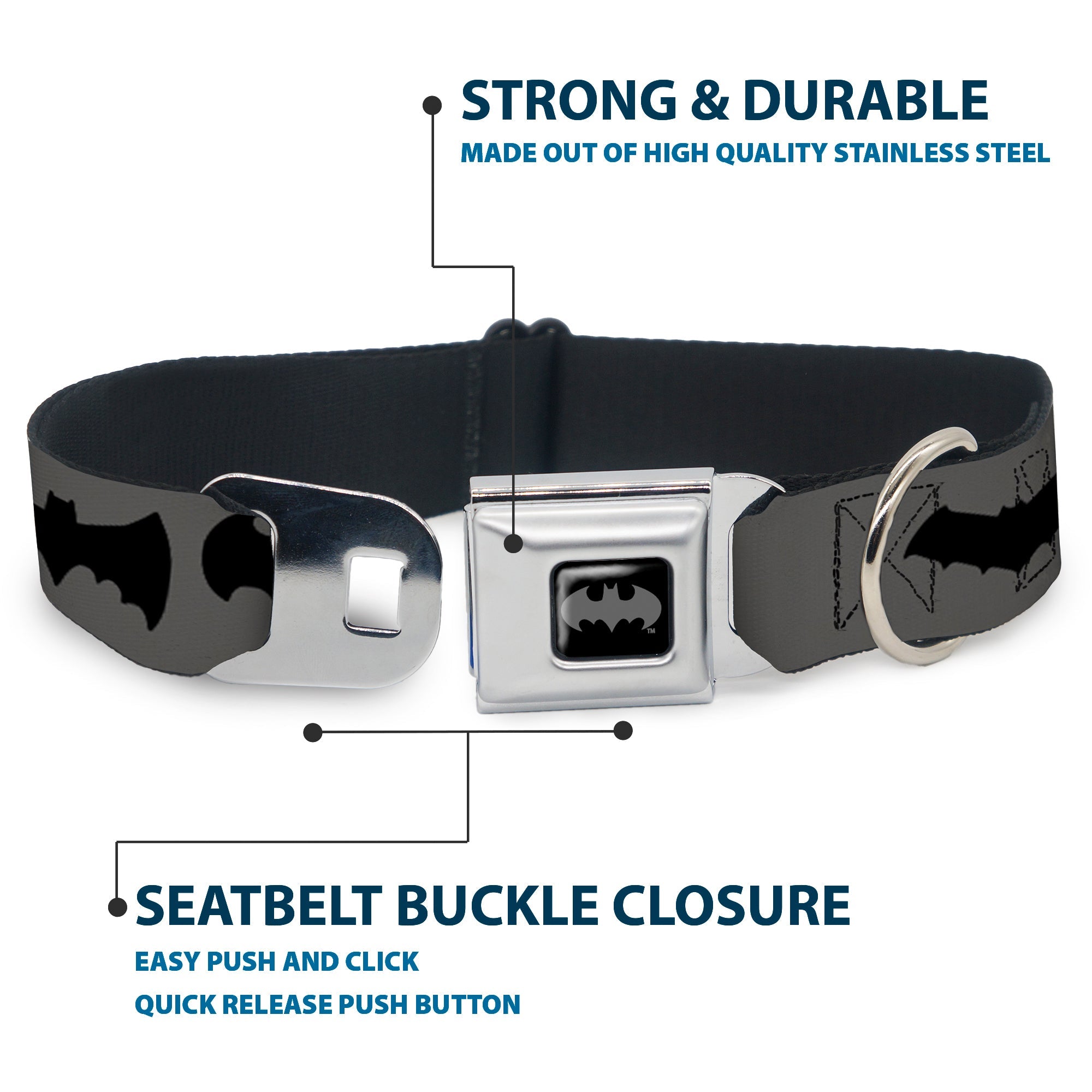 Batman Black/Silver Seatbelt Buckle Collar - Bat Logo Transitions Gray/Black