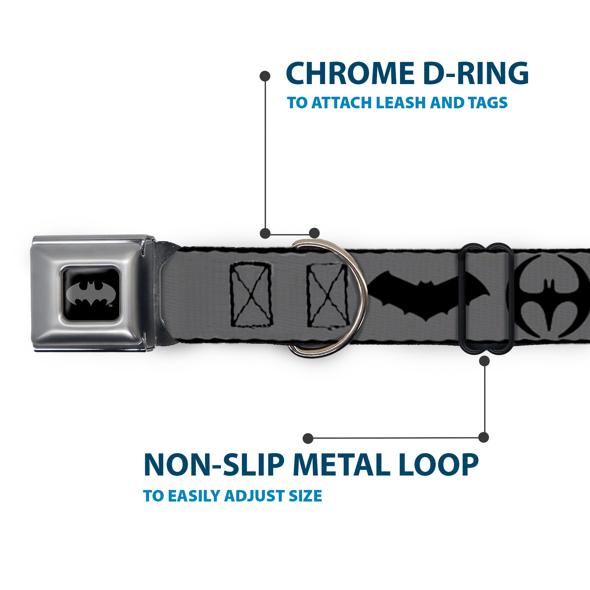 Batman Black/Silver Seatbelt Buckle Collar - Bat Logo Transitions Gray/Black