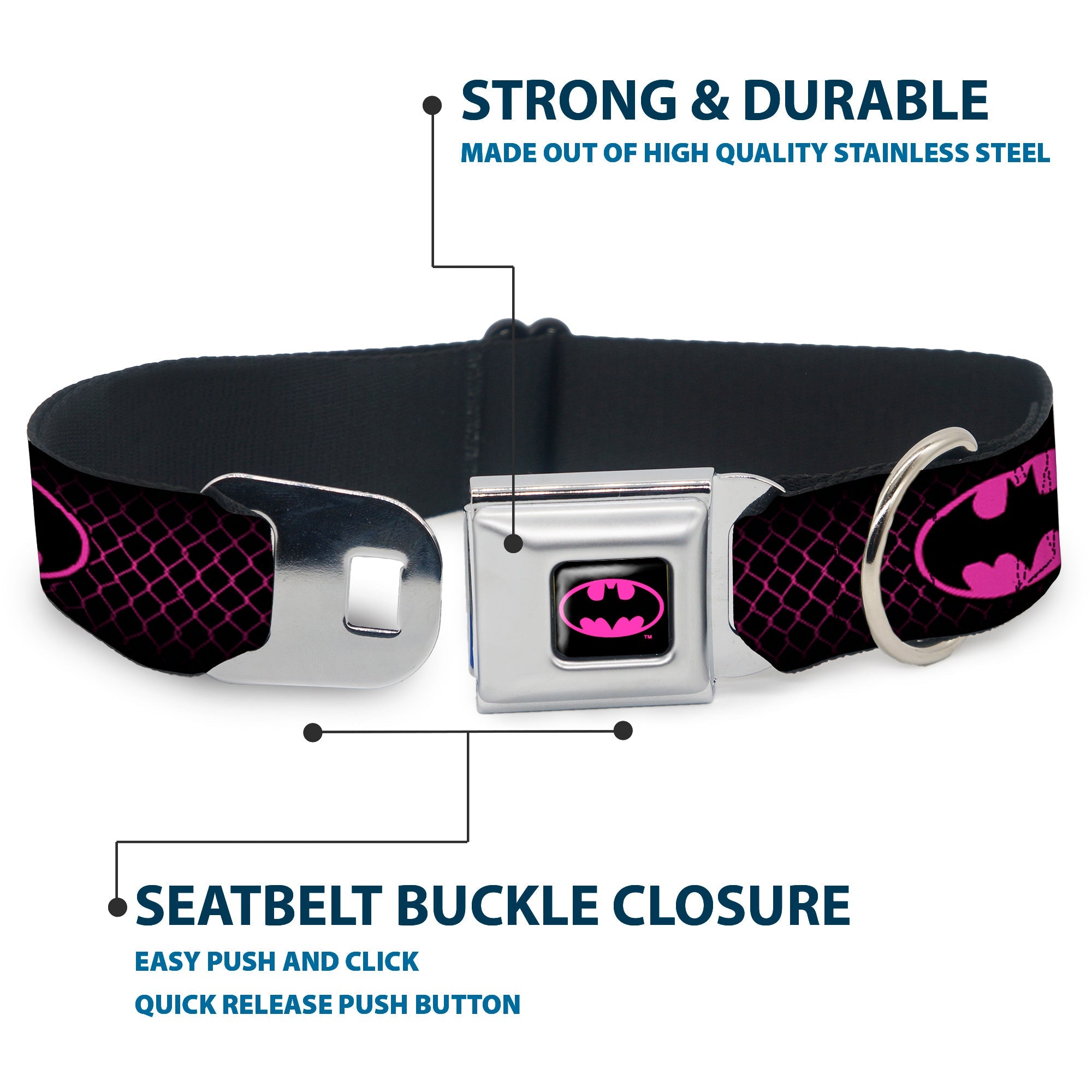 Batman Shield Full Color Black/Hot Pink Seatbelt Buckle Collar - Batman Shield/Chainlink Black/Hot Pink