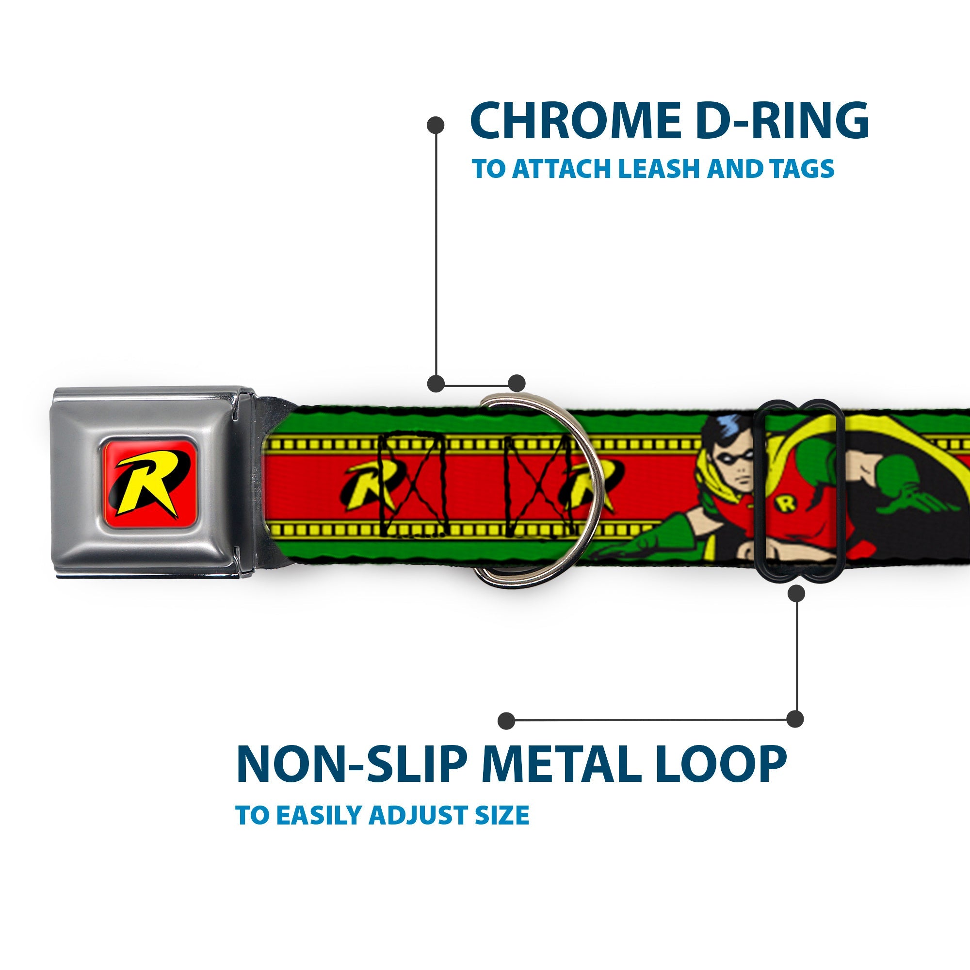 Robin "R" Logo Full Color Red/Black/Yellow Seatbelt Buckle Collar - Robin Action Pose/"R" Logo Stripe Green/Yellow/Red/Black