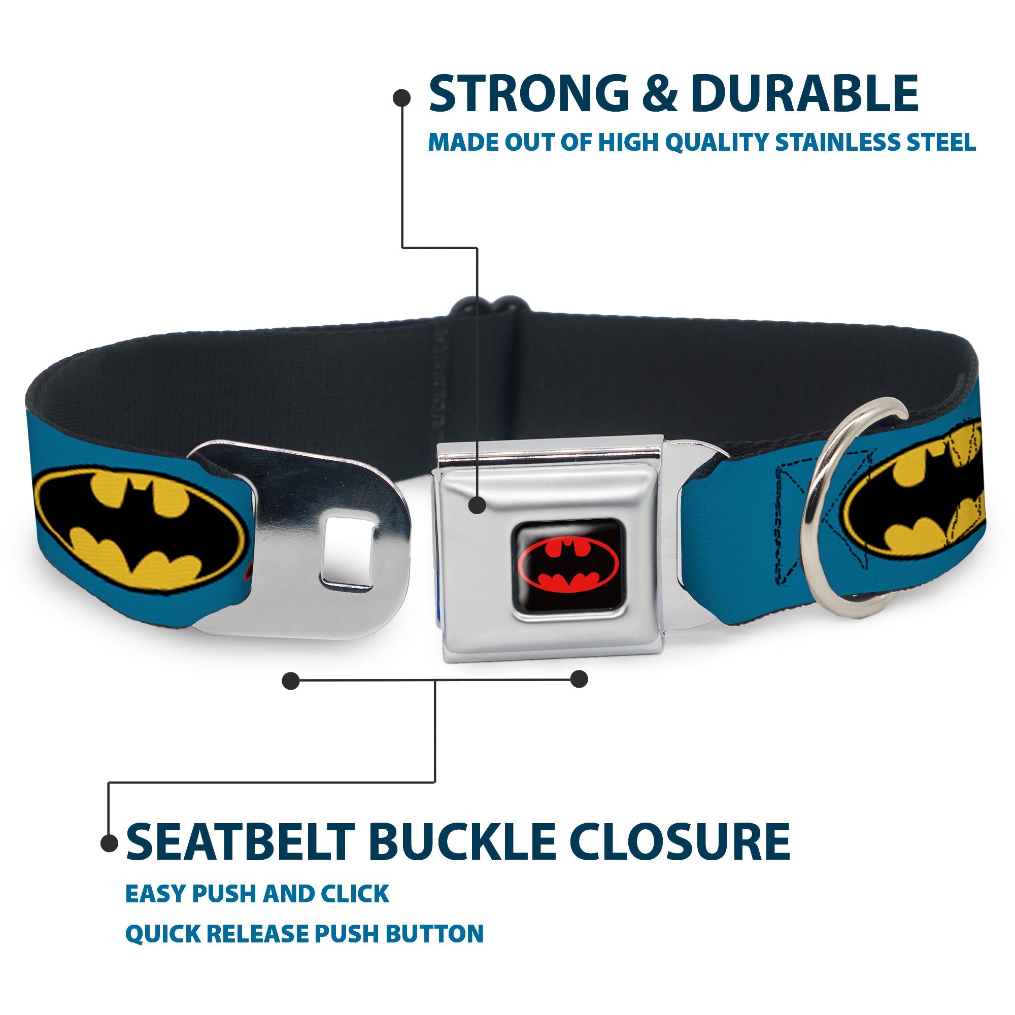 Batman Full Color Black Yellow Seatbelt Buckle Collar - Vintage Batman Logo & Bat Signal Blue