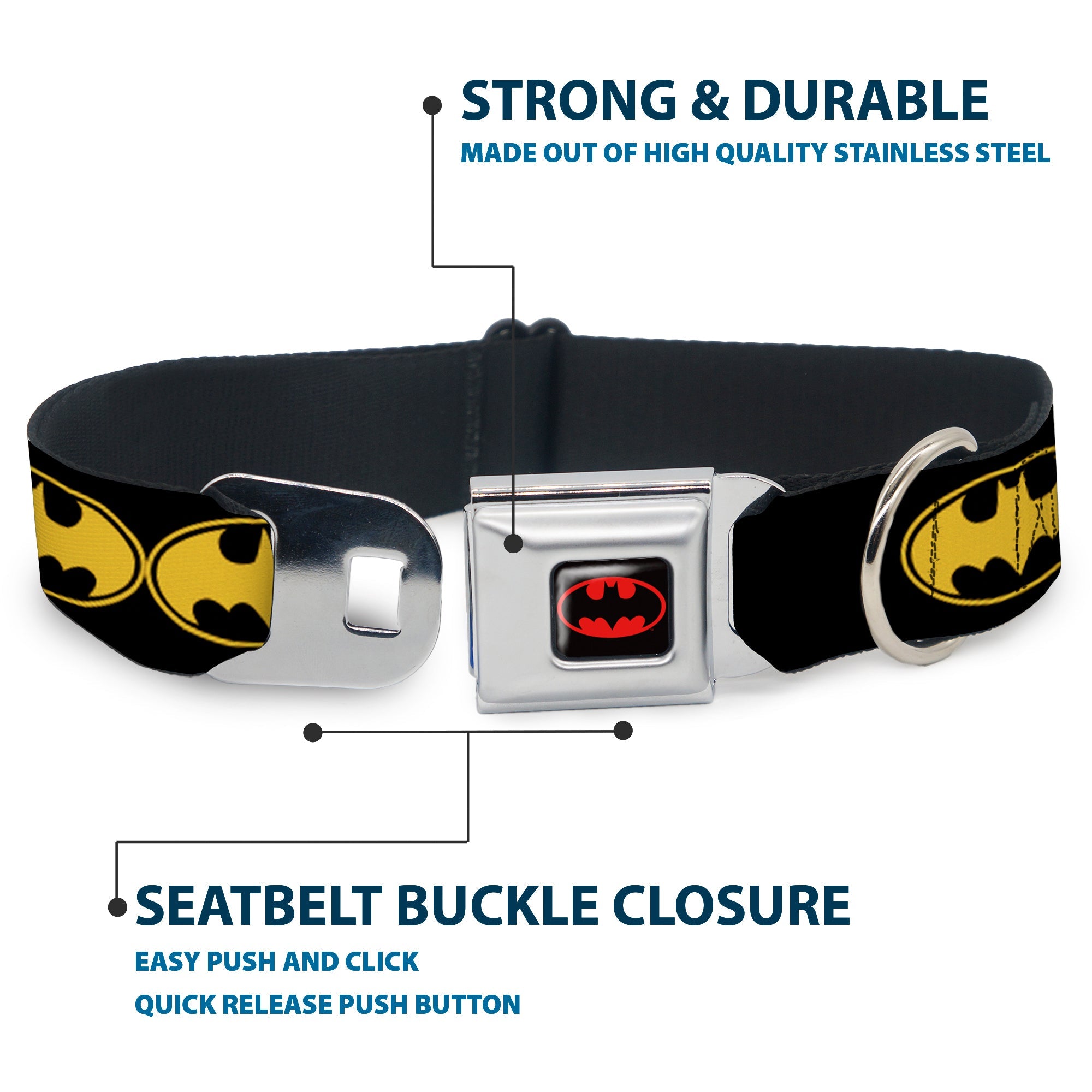 Batman Full Color Black Yellow Seatbelt Buckle Collar - Bat Signal-3 Black/Yellow/Black