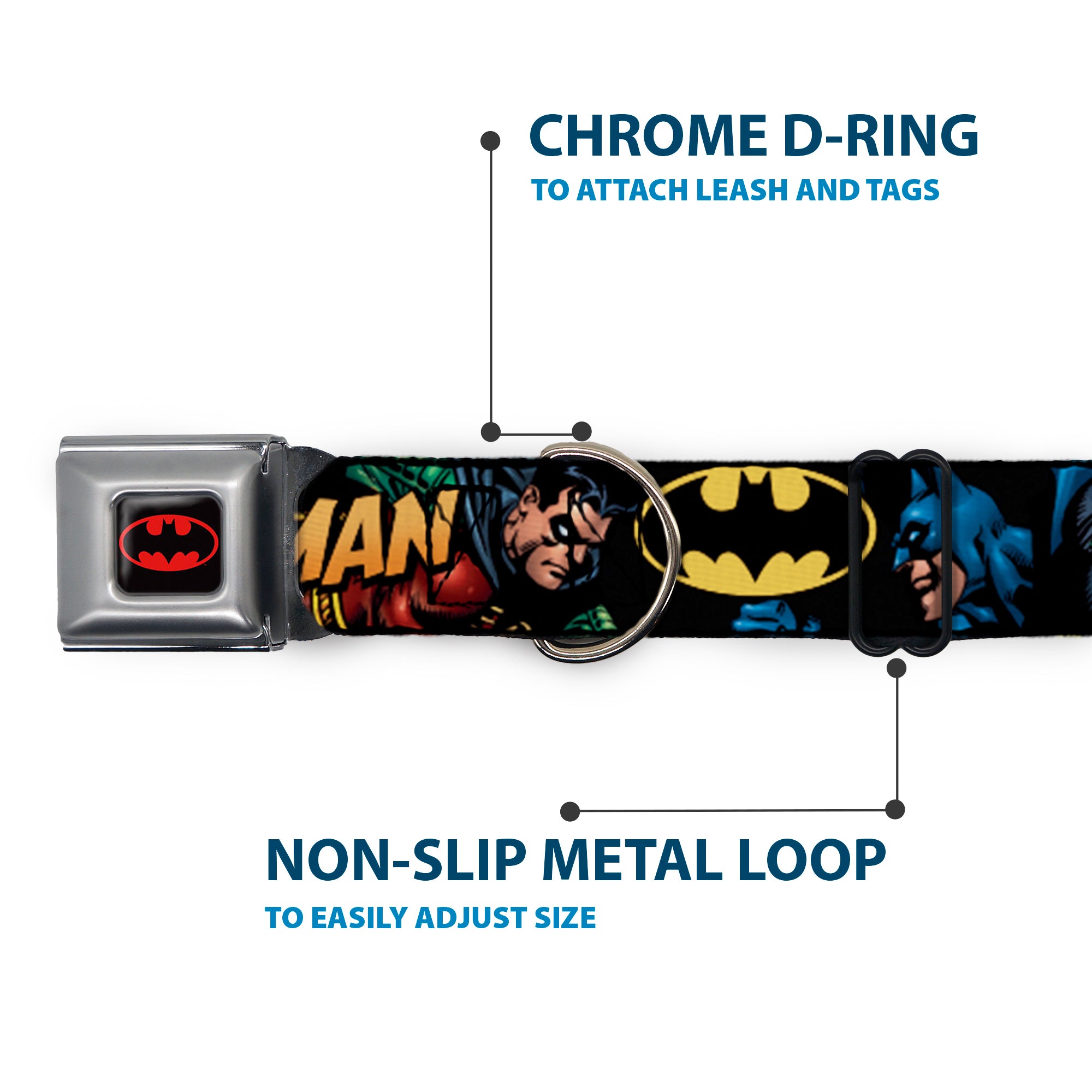 Batman Full Color Black Yellow Seatbelt Buckle Collar - Batman & Robin in Action w/Text Black