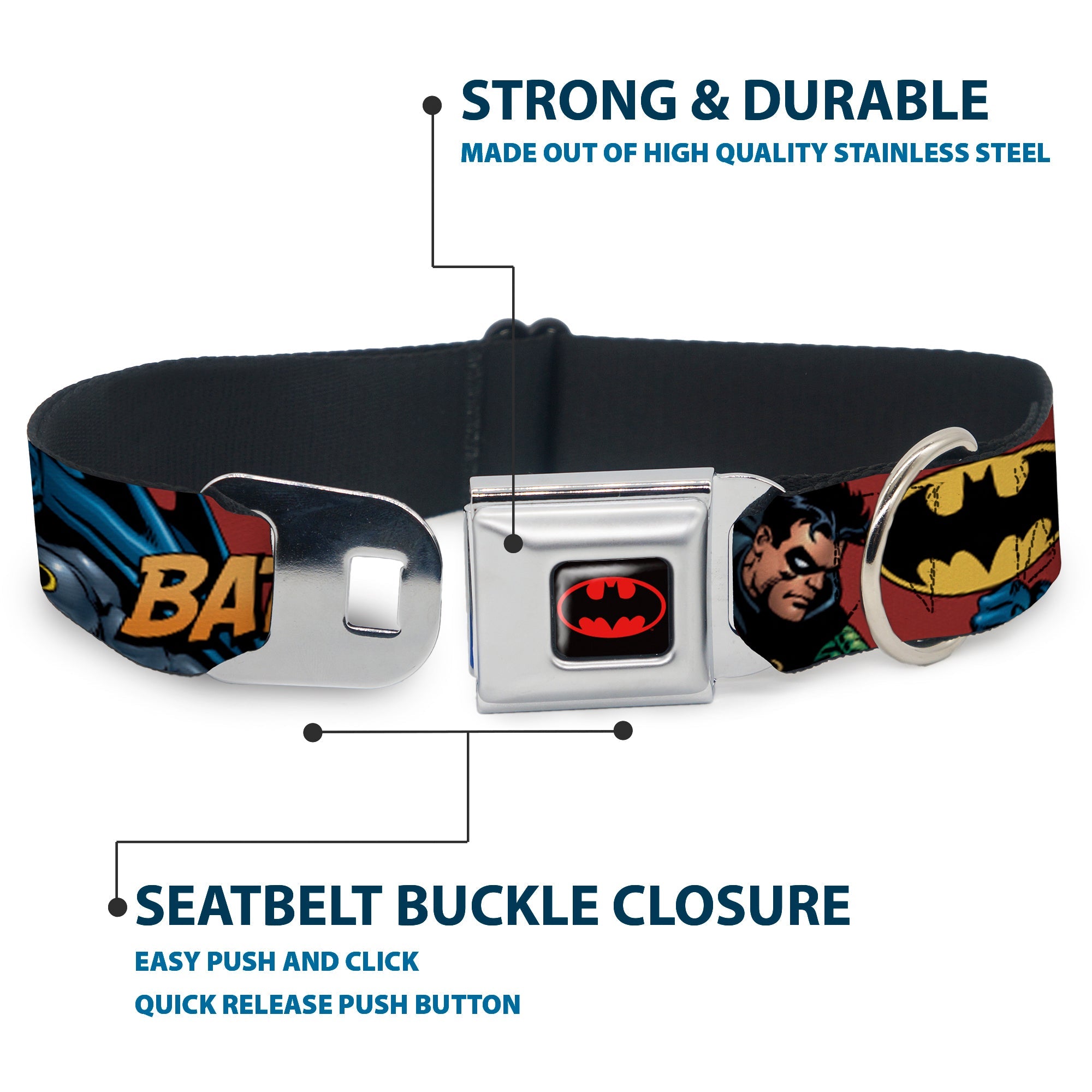 Batman Full Color Black Yellow Seatbelt Buckle Collar - Batman & Robin in Action w/Text Burgundy