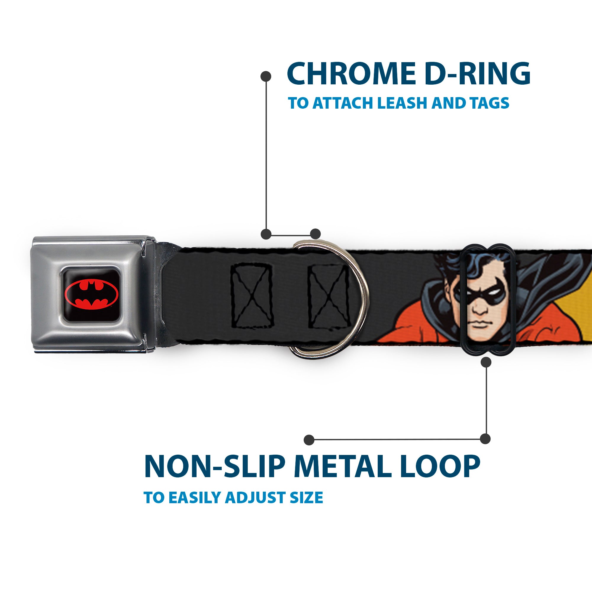 Batman Full Color Black Yellow Seatbelt Buckle Collar - ROBIN Red/Black Poses Gray