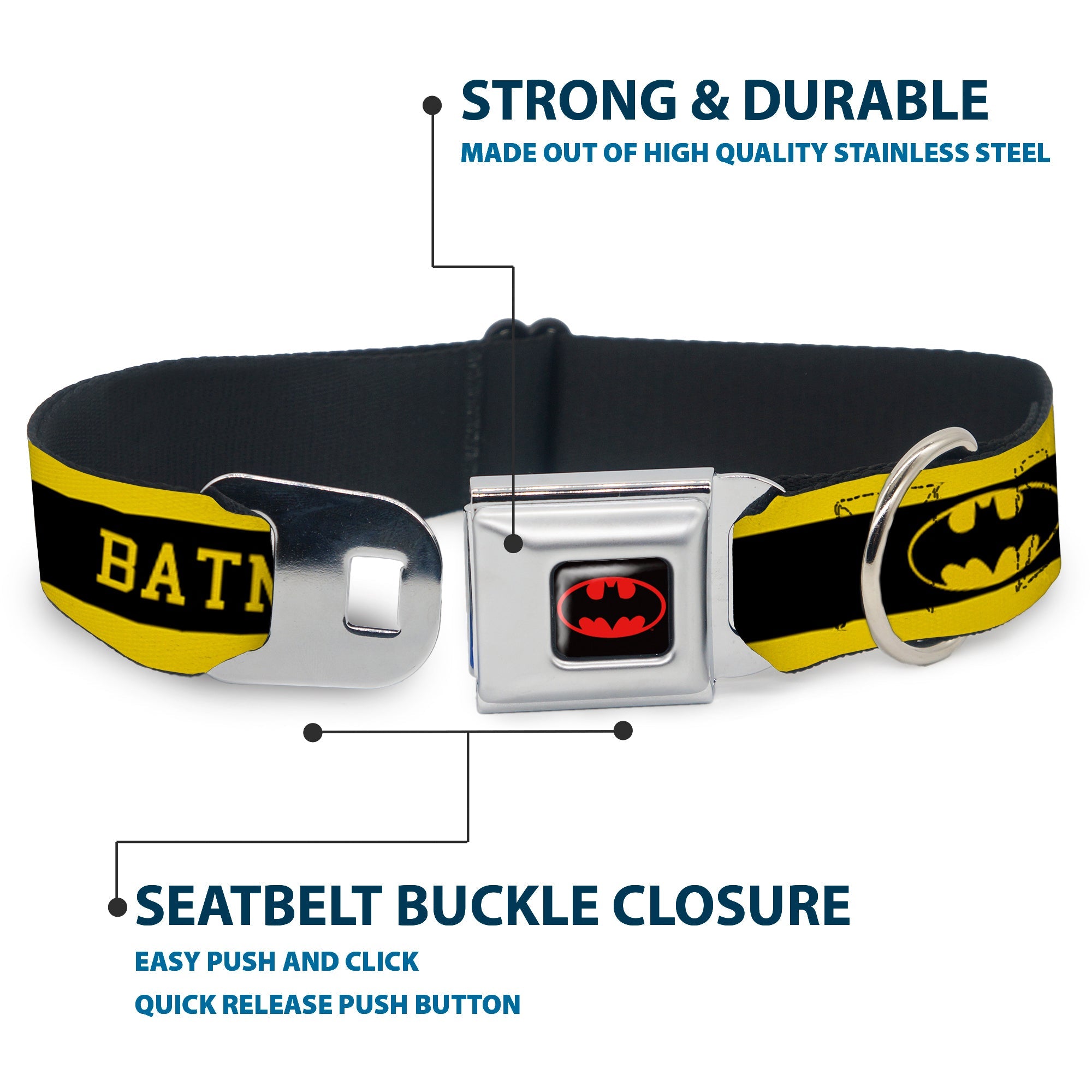Batman Full Color Black Yellow Seatbelt Buckle Collar - BATMAN/Logo Stripe Yellow/Black