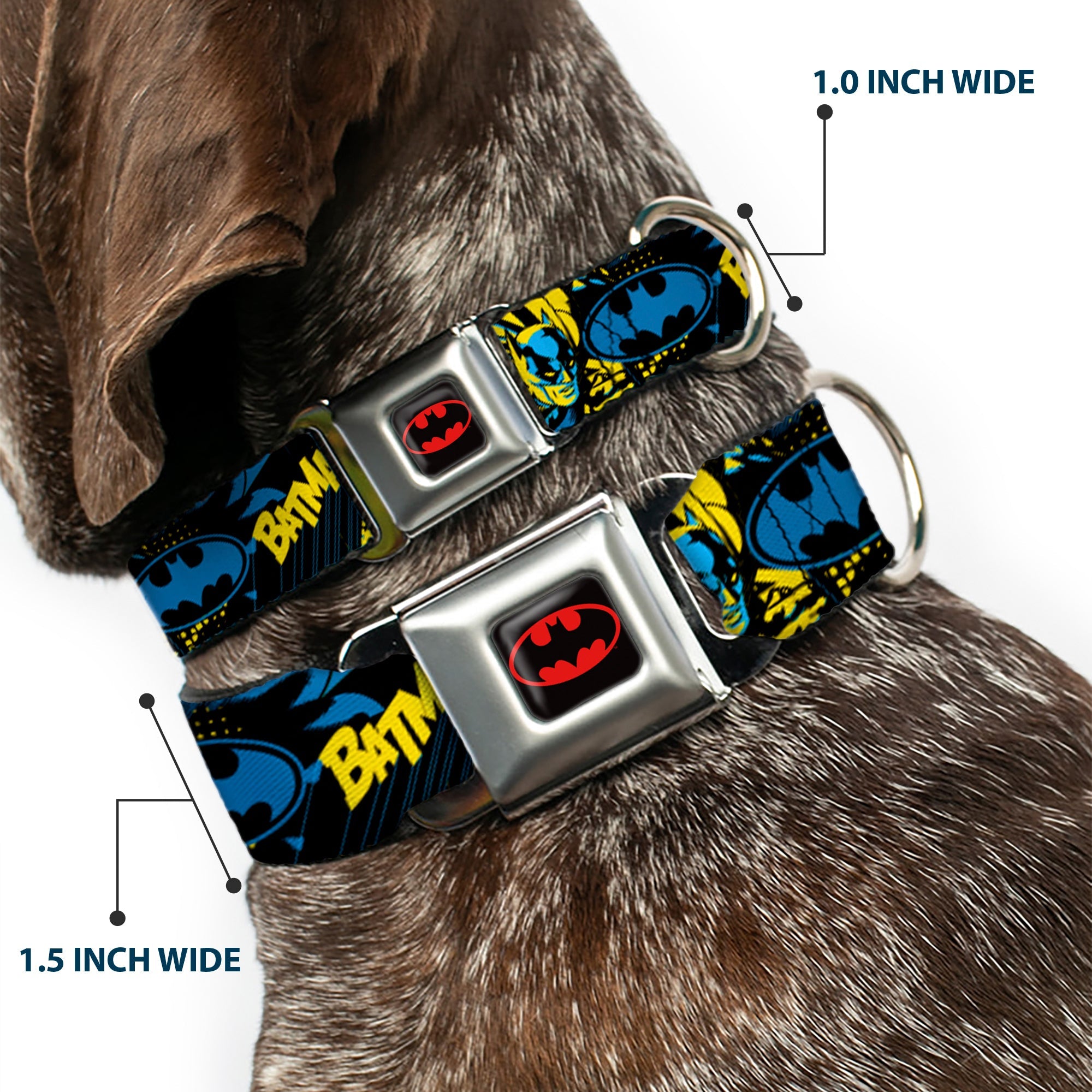 Batman Black/Yellow Seatbelt Buckle Collar - BATMAN Poses and Logo Collage Black/Blue/Yellow