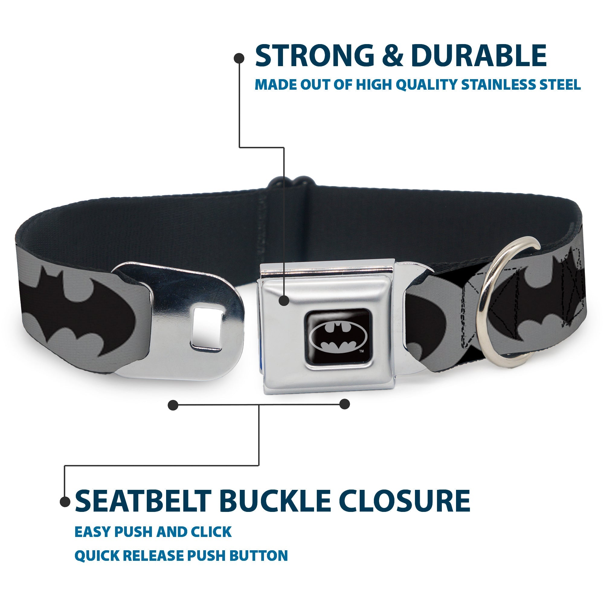 Batman Full Color Black Silver Black Seatbelt Buckle Collar - Bat Signal-5 Black/Gray/Black
