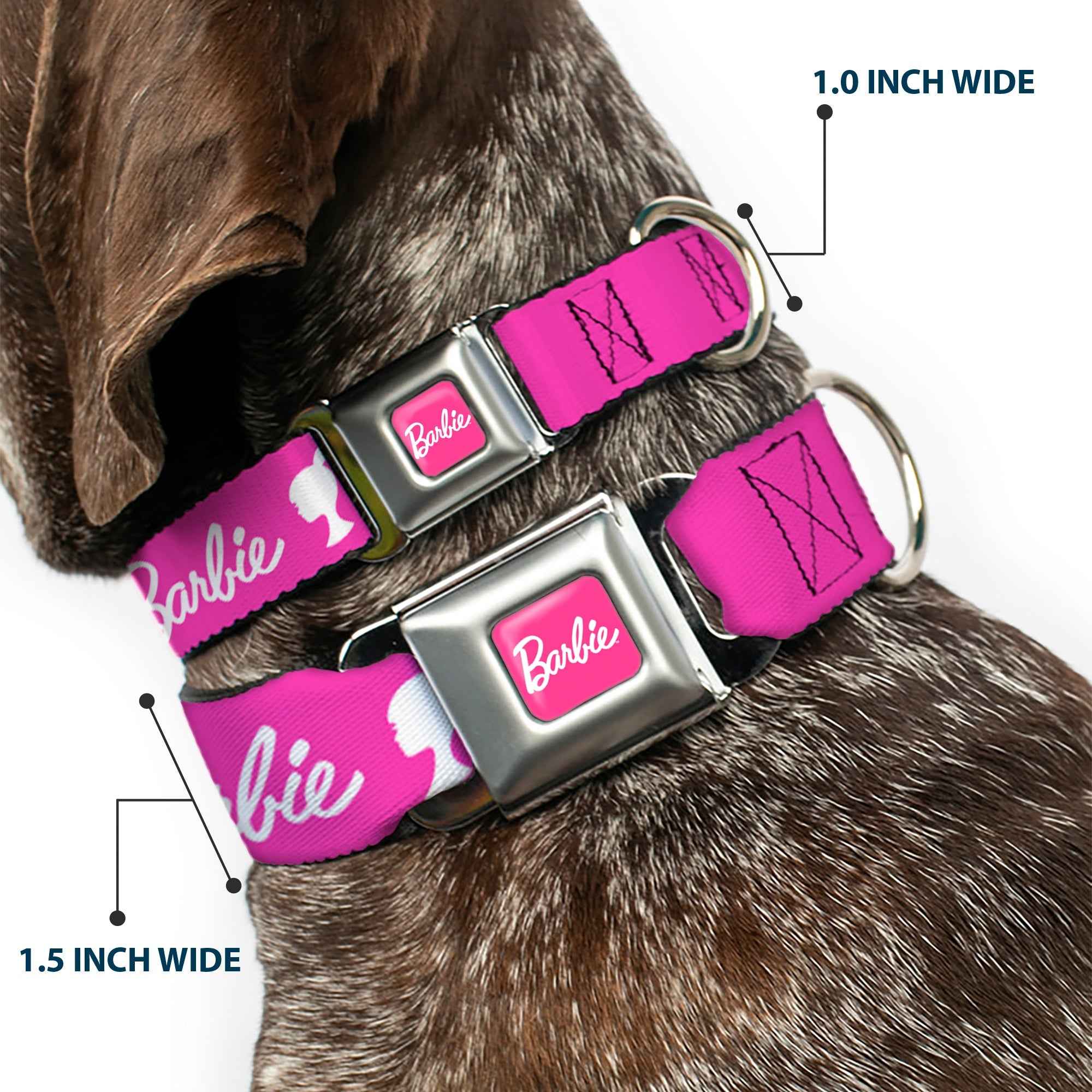 BARBIE Script Signature Full Color Hot Pink/White Seatbelt Buckle Collar - BARBIE Script Signature Logo and Silhouette Hot Pink/White