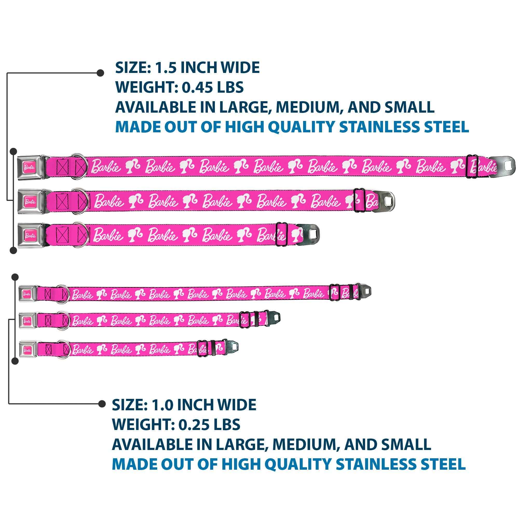 BARBIE Script Signature Full Color Hot Pink/White Seatbelt Buckle Collar - BARBIE Script Signature Logo and Silhouette Hot Pink/White