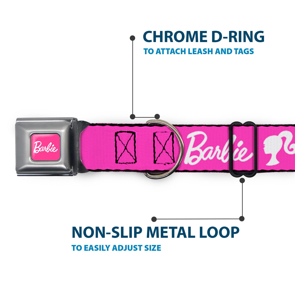 BARBIE Script Signature Full Color Hot Pink/White Seatbelt Buckle Collar - BARBIE Script Signature Logo and Silhouette Hot