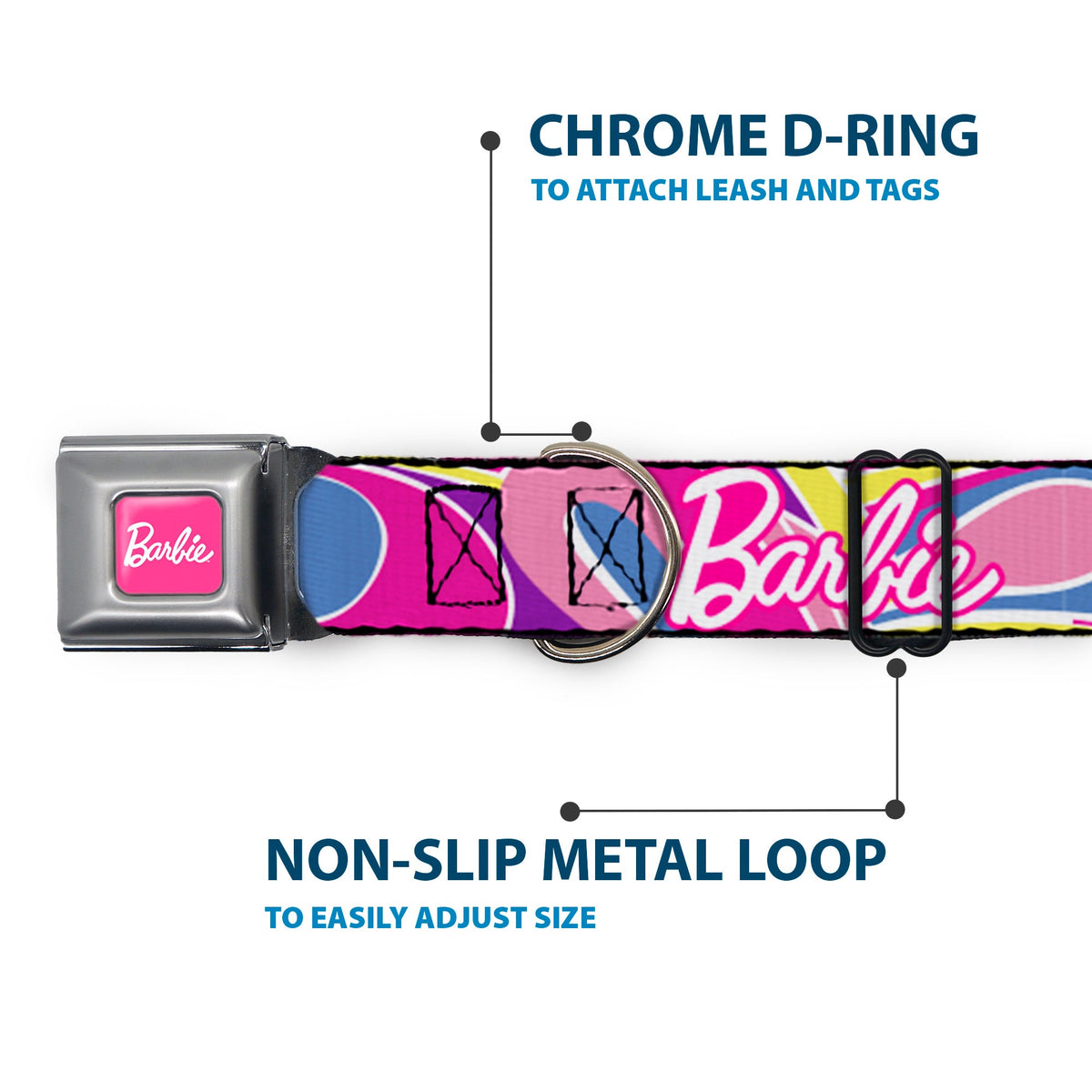 BARBIE Script Signature Full Color Hot Pink/White Seatbelt Buckle Collar - BARBIE Script Signature Logo Abstract Multi