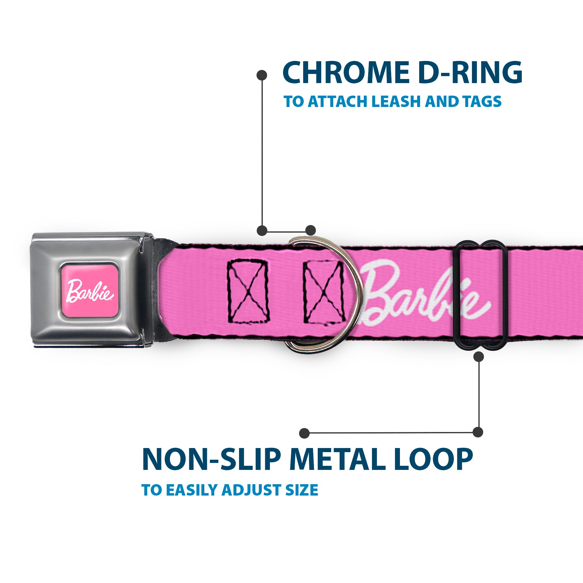 BARBIE Script Signature Full Color Pink/White Seatbelt Buckle Collar - BARBIE Script Signature Logo Pink/White