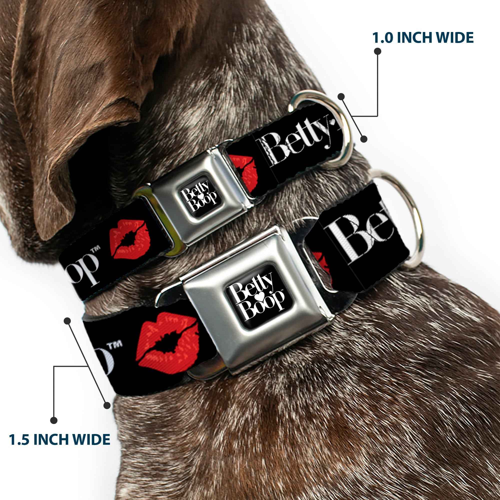 Buckle-Down Betty Boop Text Heart Logo Full Color Black/White Seatbelt Buckle Dog Collar - Betty Boop Text and Kiss Black/White/Red