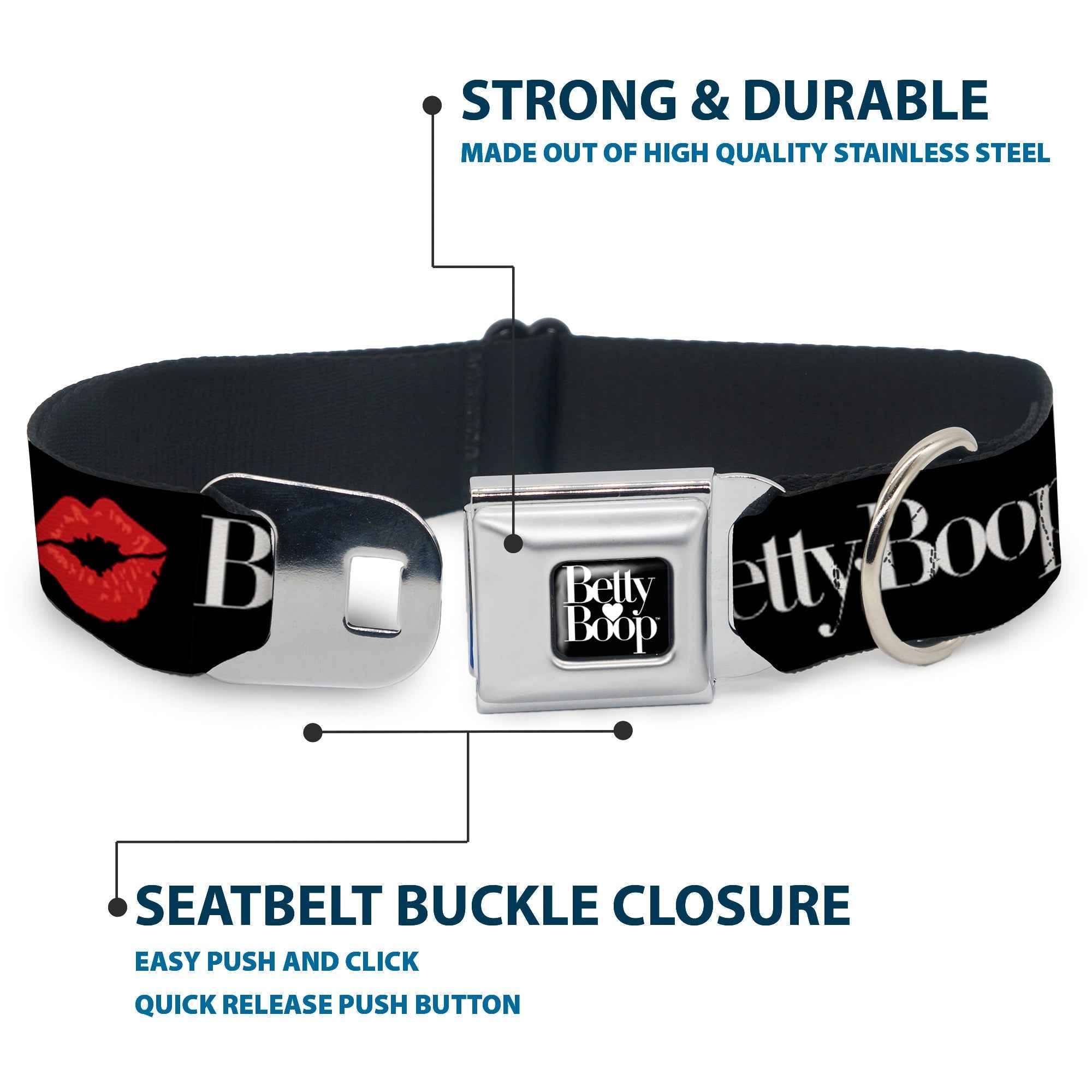 Buckle-Down Betty Boop Text Heart Logo Full Color Black/White Seatbelt Buckle Dog Collar - Betty Boop Text and Kiss Black/White/Red