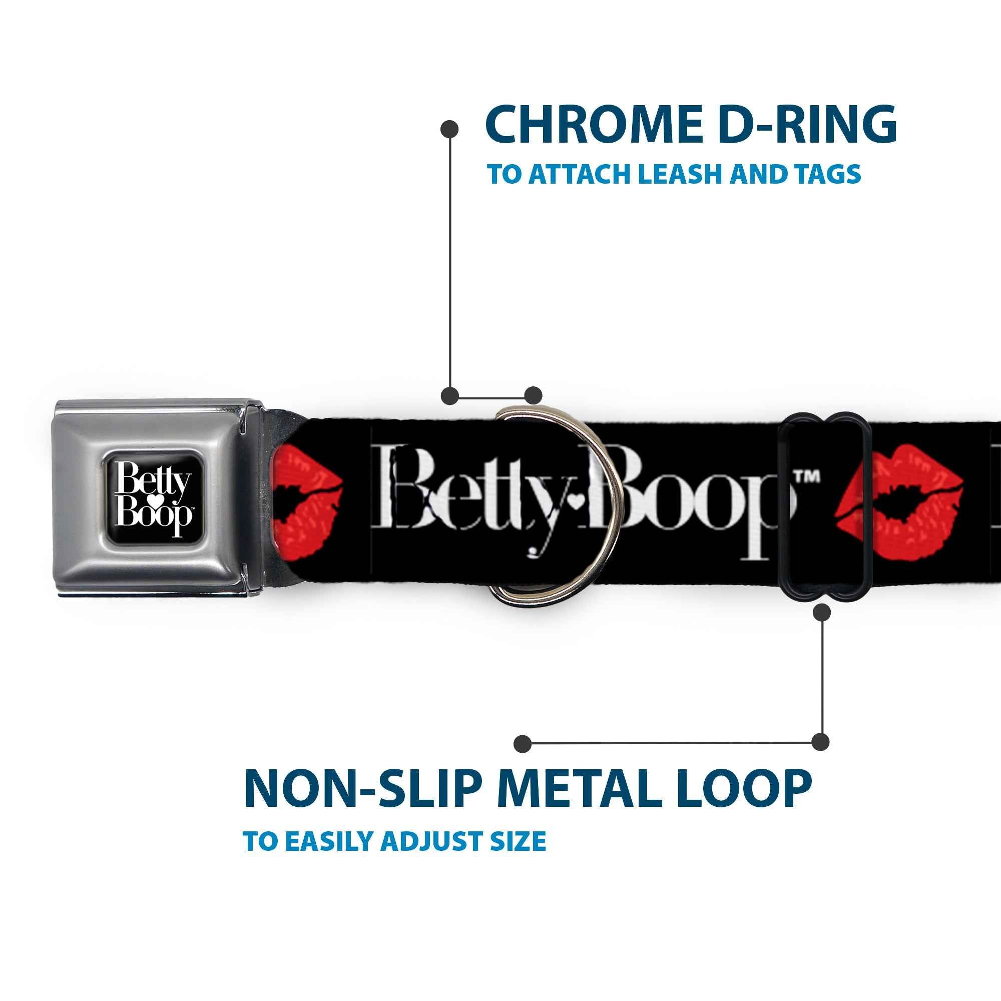 Buckle-Down Betty Boop Text Heart Logo Full Color Black/White Seatbelt Buckle Dog Collar - Betty Boop Text and Kiss Black/White/Red