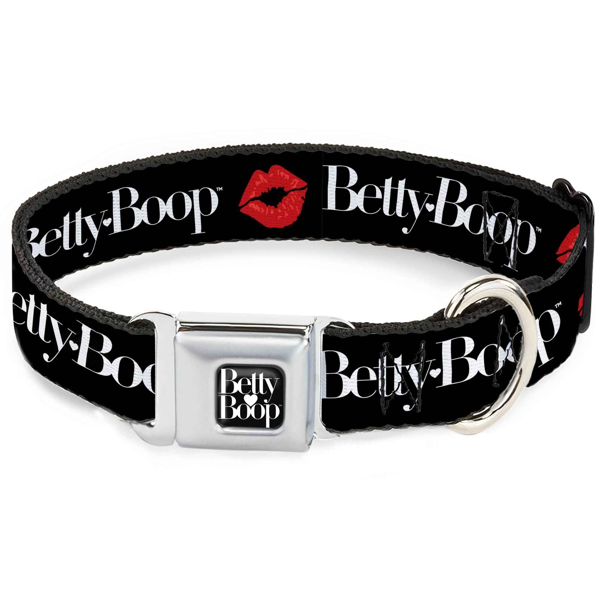 Buckle-Down Betty Boop Text Heart Logo Full Color Black/White Seatbelt Buckle Dog Collar - Betty Boop Text and Kiss Black/White/Red
