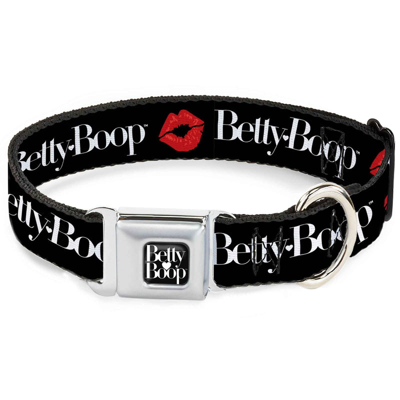 Buckle-Down Betty Boop Text Heart Logo Full Color Black/White Seatbelt Buckle Dog Collar - Betty Boop Text and Kiss Black/White/Red