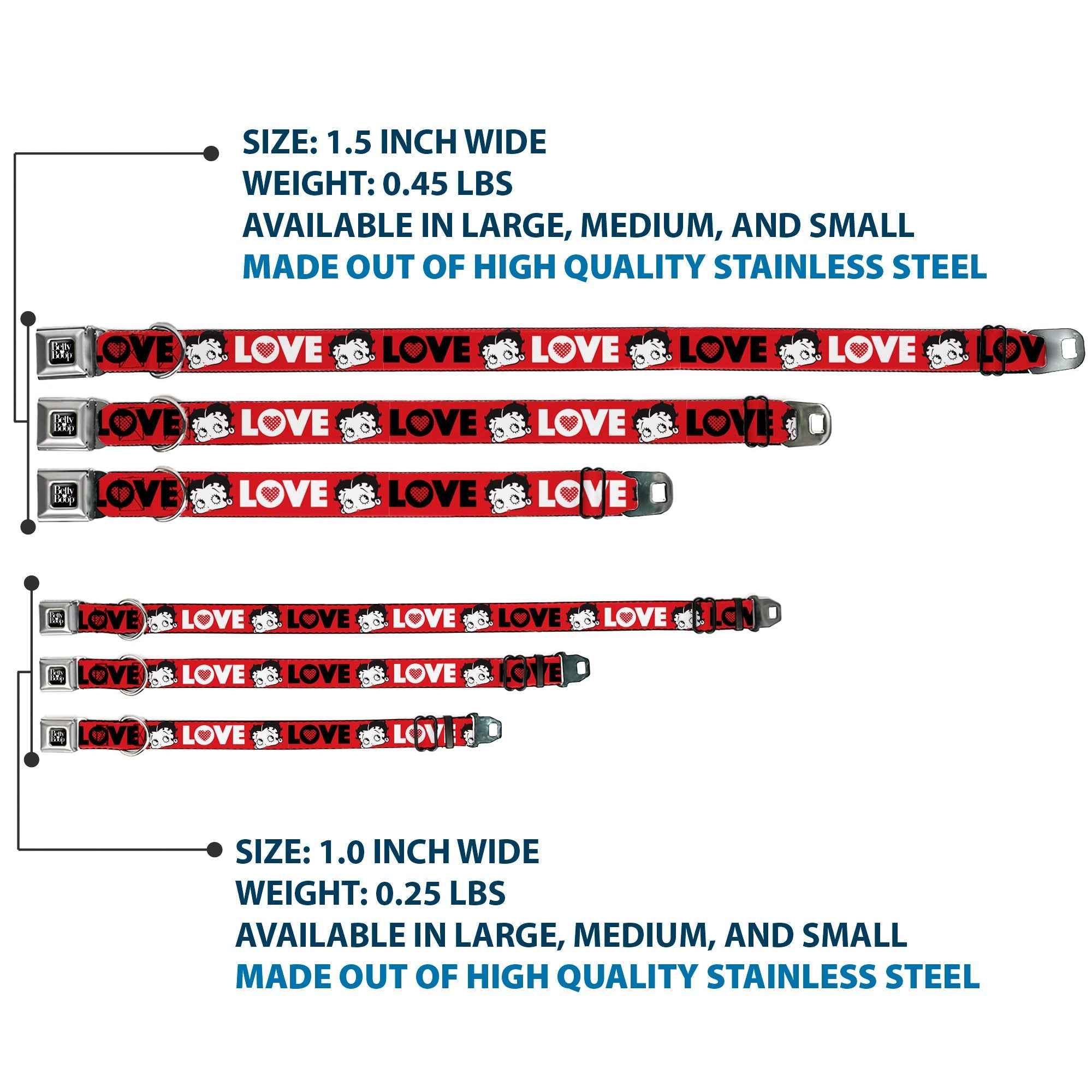 Buckle-Down Betty Boop Text Heart Logo Full Color Black/White Seatbelt Buckle Dog Collar - Betty Boop Face and Love Text Red/Black/White