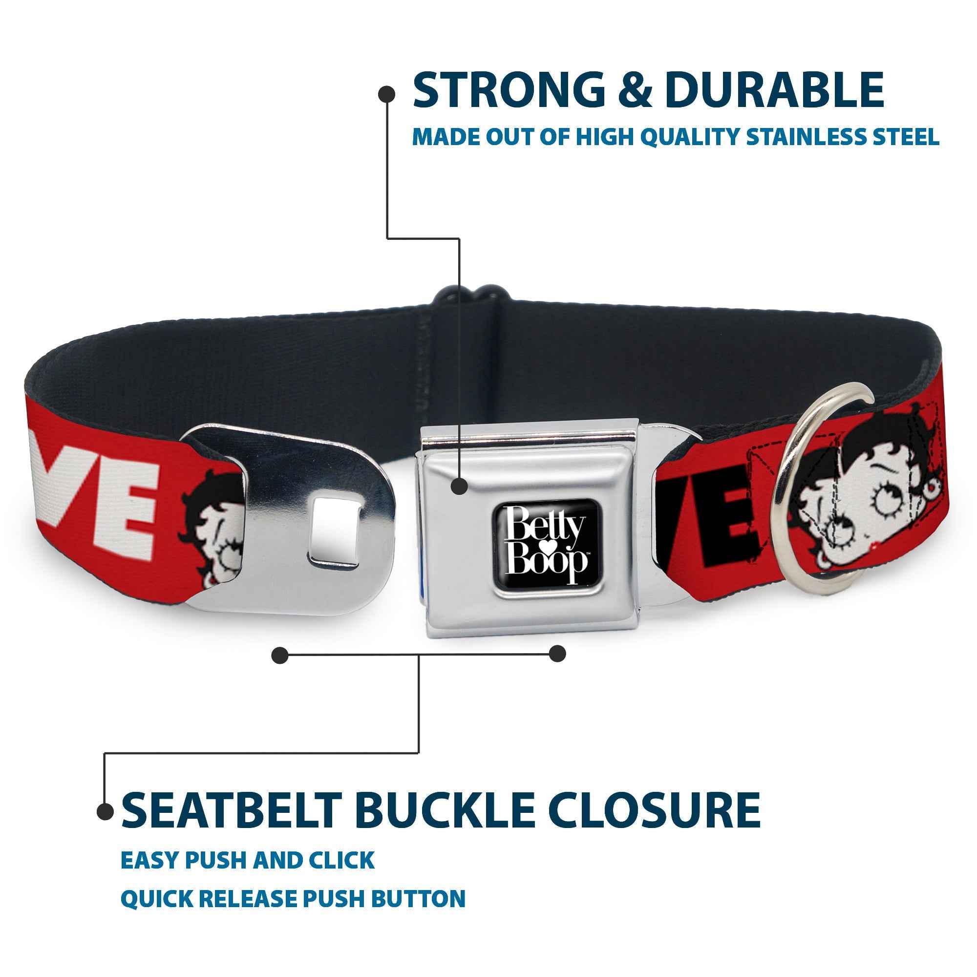 Buckle-Down Betty Boop Text Heart Logo Full Color Black/White Seatbelt Buckle Dog Collar - Betty Boop Face and Love Text Red/Black/White