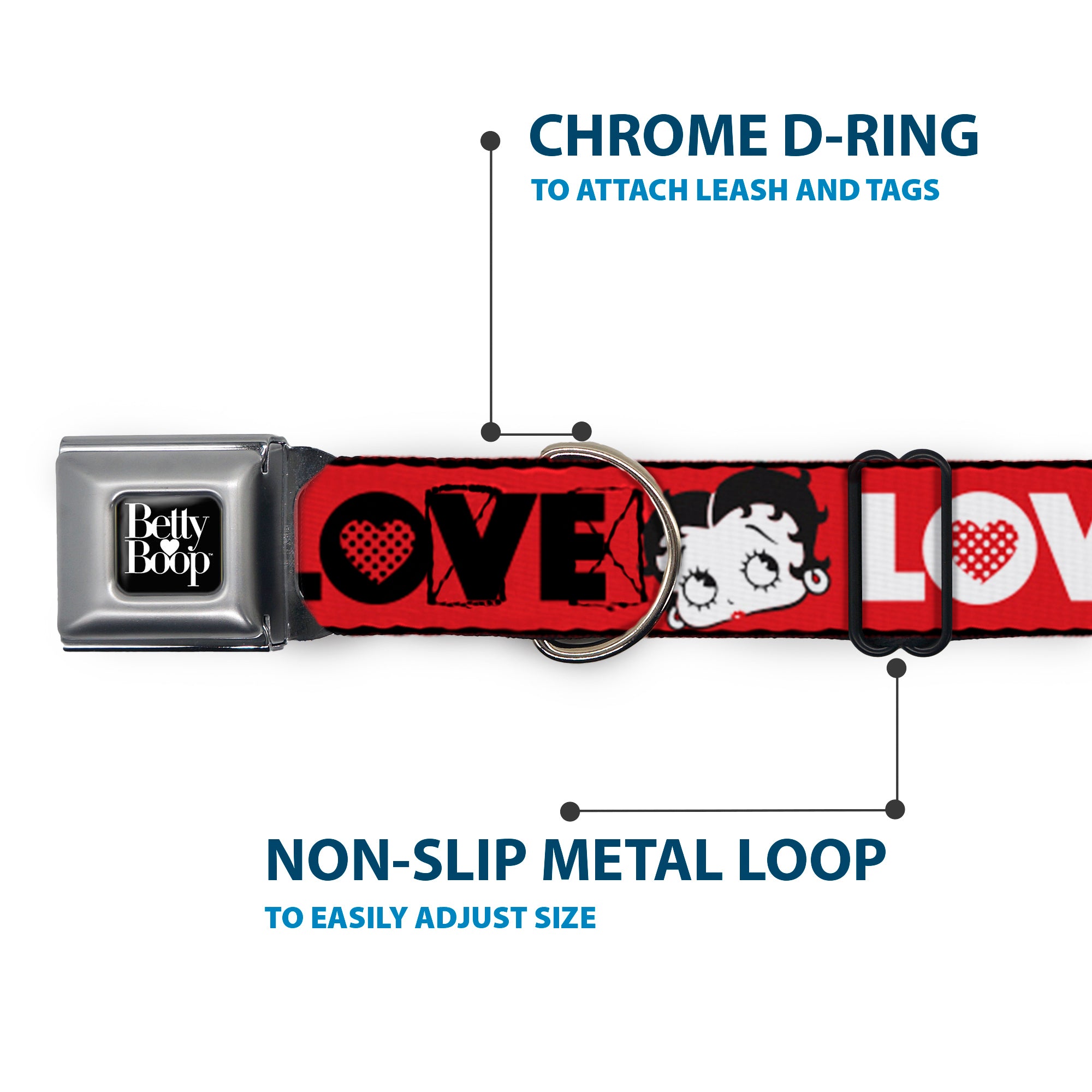 Buckle-Down Betty Boop Text Heart Logo Full Color Black/White Seatbelt Buckle Dog Collar - Betty Boop Face and Love Text Red/Black/White