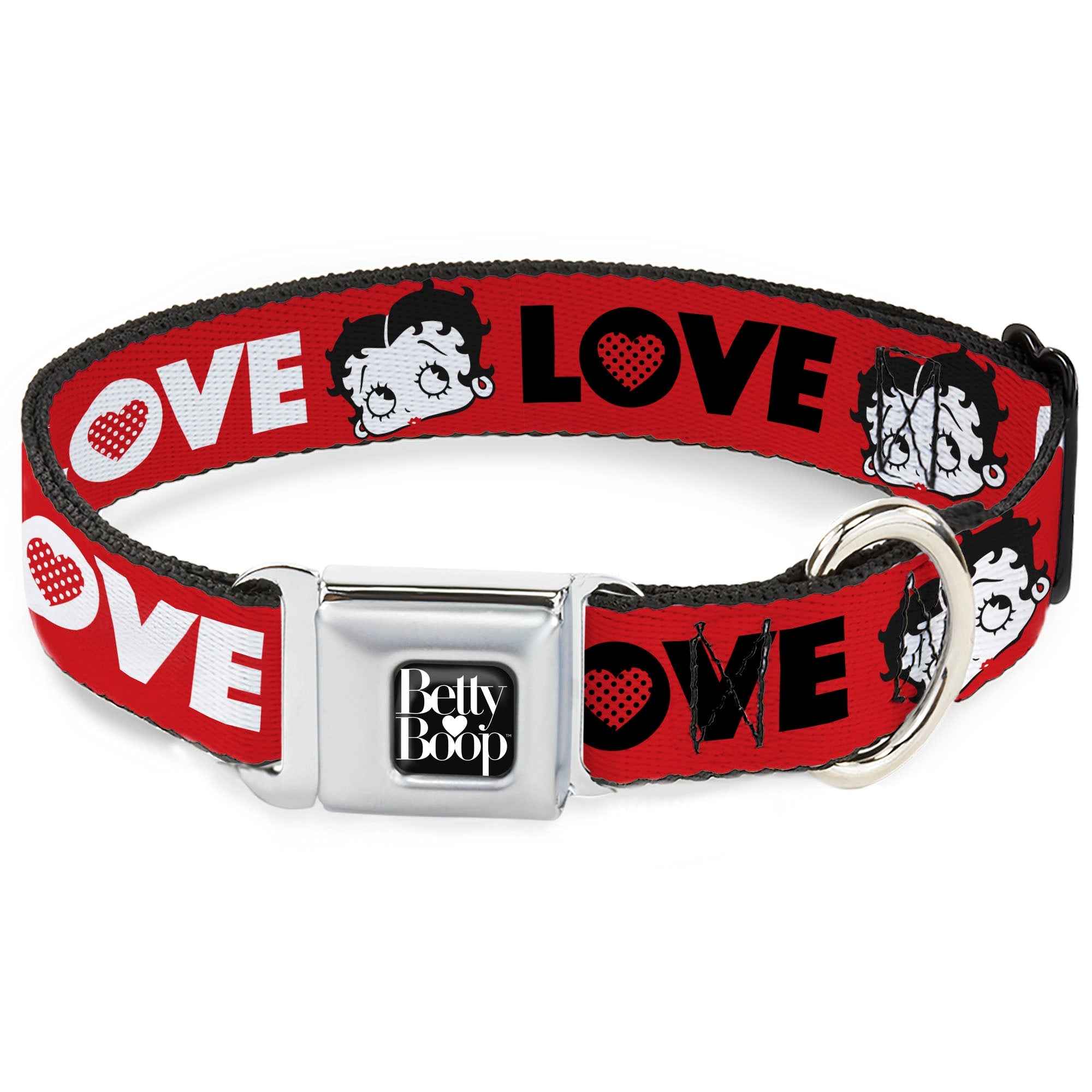 Buckle-Down Betty Boop Text Heart Logo Full Color Black/White Seatbelt Buckle Dog Collar - Betty Boop Face and Love Text Red/Black/White