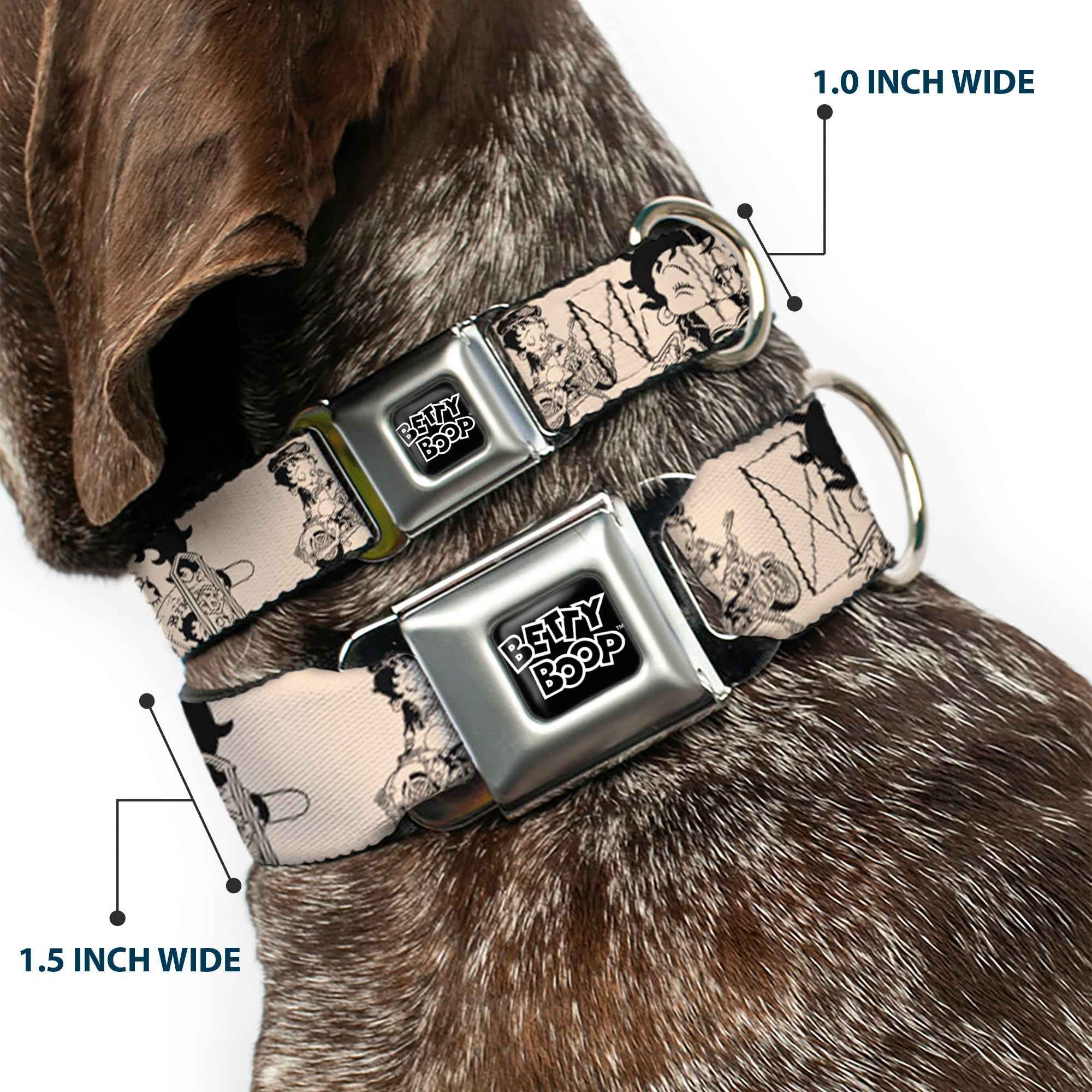 Buckle-Down Betty Boop Text Heart Logo Full Color Black/White Seatbelt Buckle Dog Collar - Betty Boop Biker Betty Poses Beige/Black