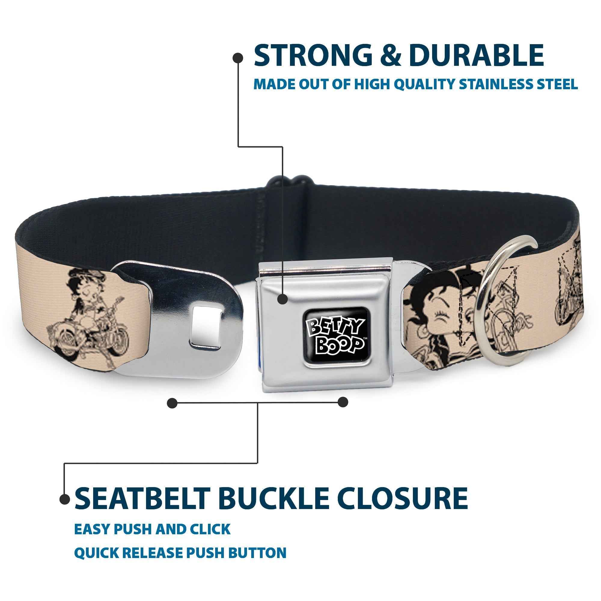 Buckle-Down Betty Boop Text Heart Logo Full Color Black/White Seatbelt Buckle Dog Collar - Betty Boop Biker Betty Poses Beige/Black