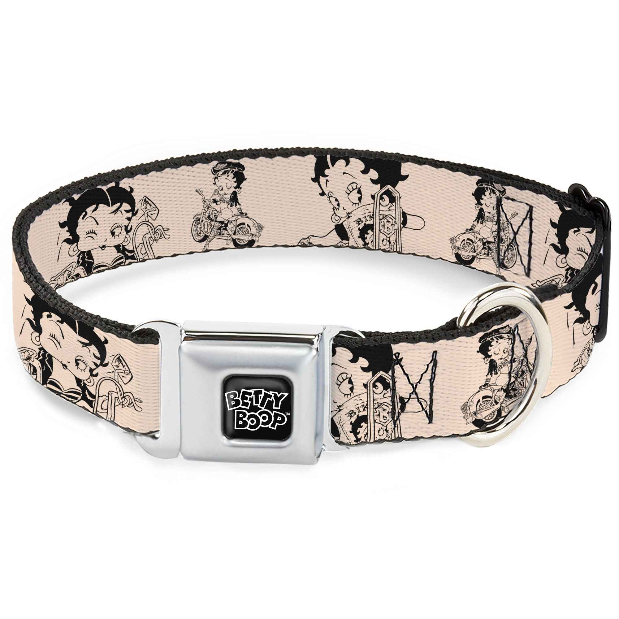 Buckle-Down Betty Boop Text Heart Logo Full Color Black/White Seatbelt Buckle Dog Collar - Betty Boop Biker Betty Poses Beige/Black