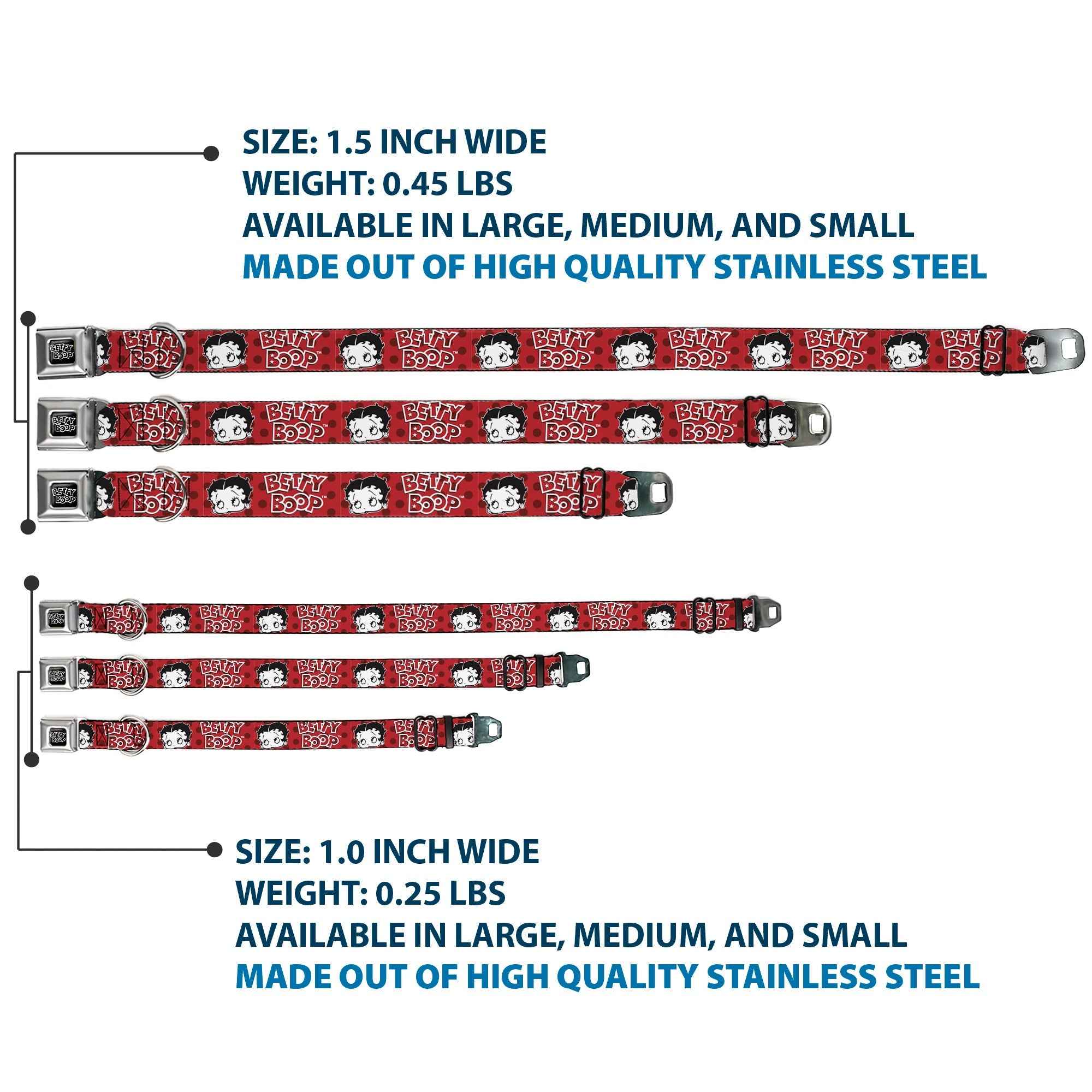 Buckle-Down Betty Boop Text Heart Logo Full Color Black/White Seatbelt Buckle Dog Collar - Betty Boop Face and Text Polka Dot Reds/Black/White