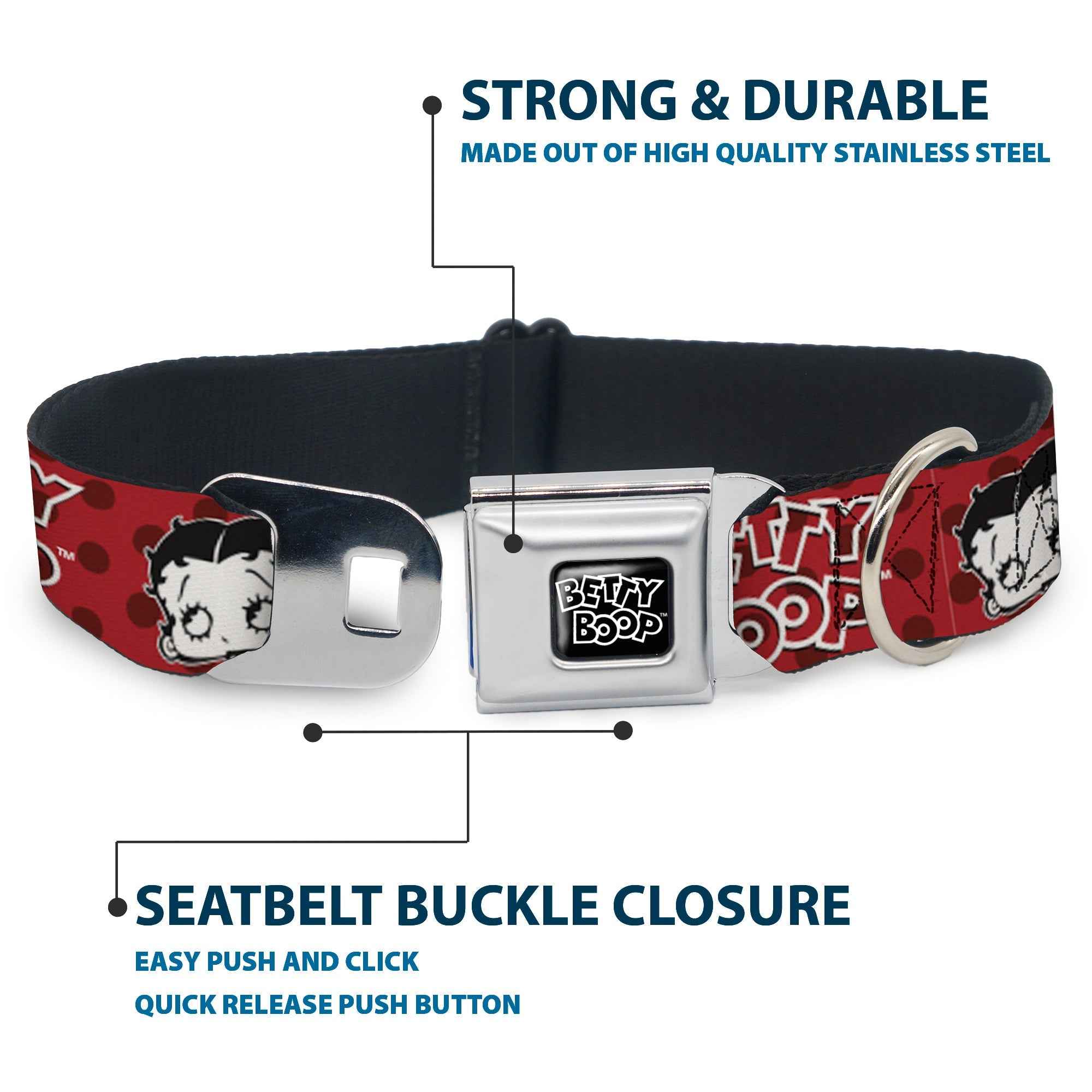 Buckle-Down Betty Boop Text Heart Logo Full Color Black/White Seatbelt Buckle Dog Collar - Betty Boop Face and Text Polka Dot Reds/Black/White