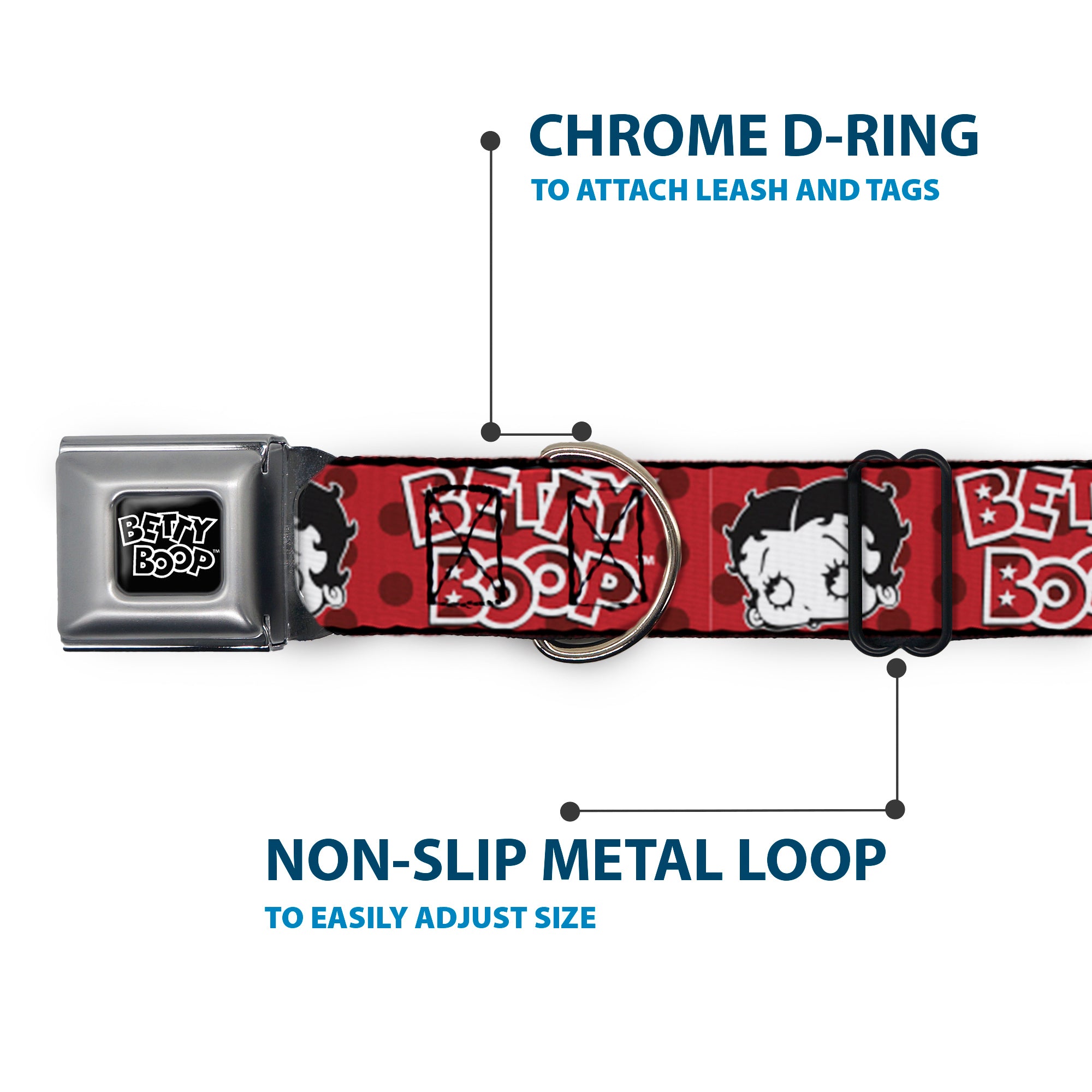 Buckle-Down Betty Boop Text Heart Logo Full Color Black/White Seatbelt Buckle Dog Collar - Betty Boop Face and Text Polka Dot Reds/Black/White