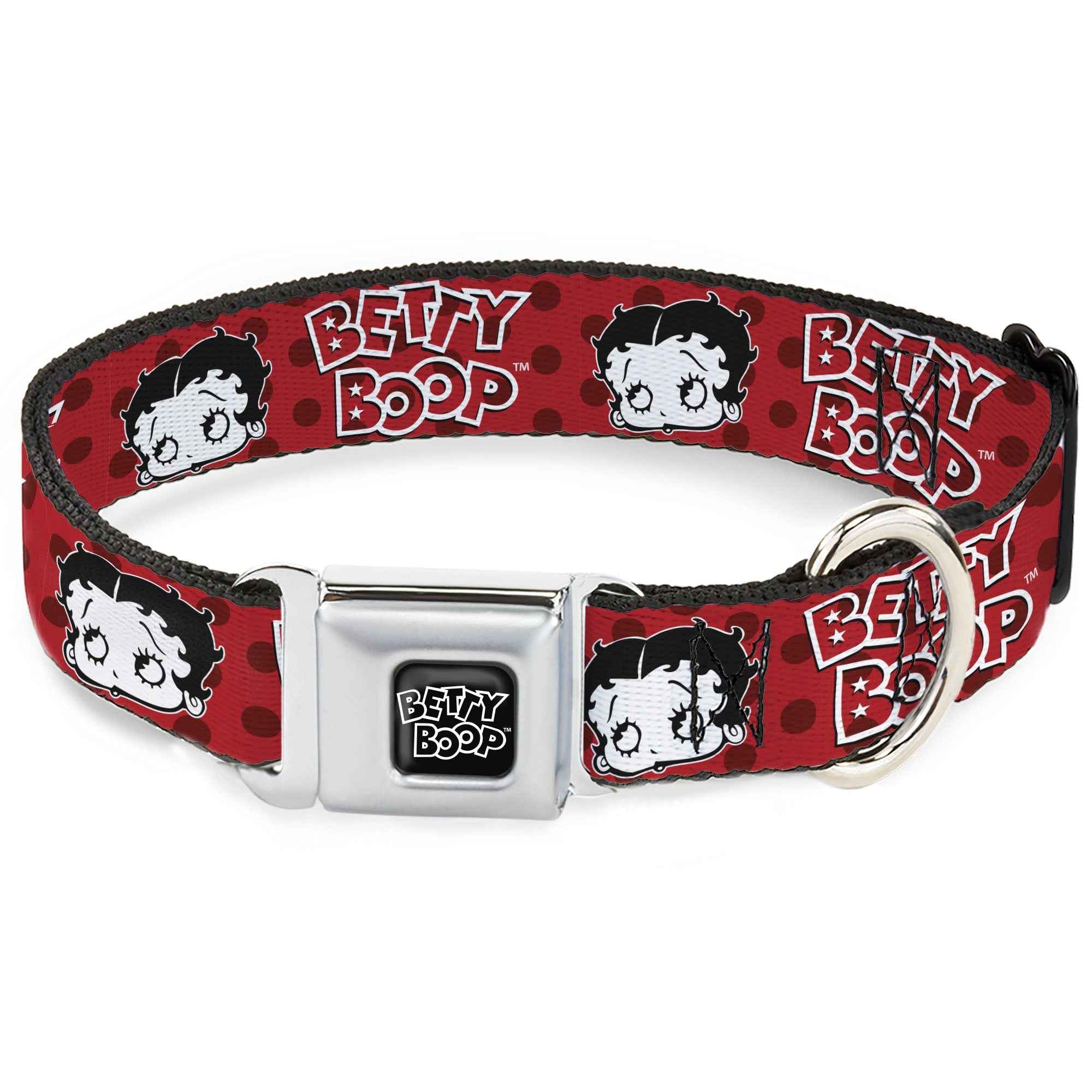 Buckle-Down Betty Boop Text Heart Logo Full Color Black/White Seatbelt Buckle Dog Collar - Betty Boop Face and Text Polka Dot Reds/Black/White