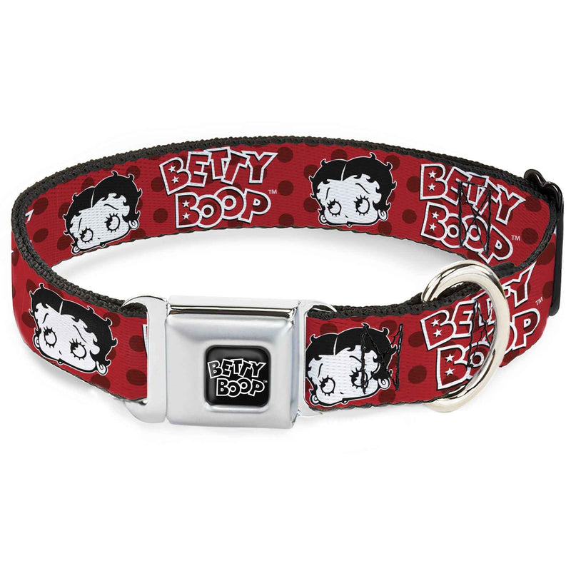 Buckle-Down Betty Boop Text Heart Logo Full Color Black/White Seatbelt Buckle Dog Collar - Betty Boop Face and Text Polka Dot Reds/Black/White