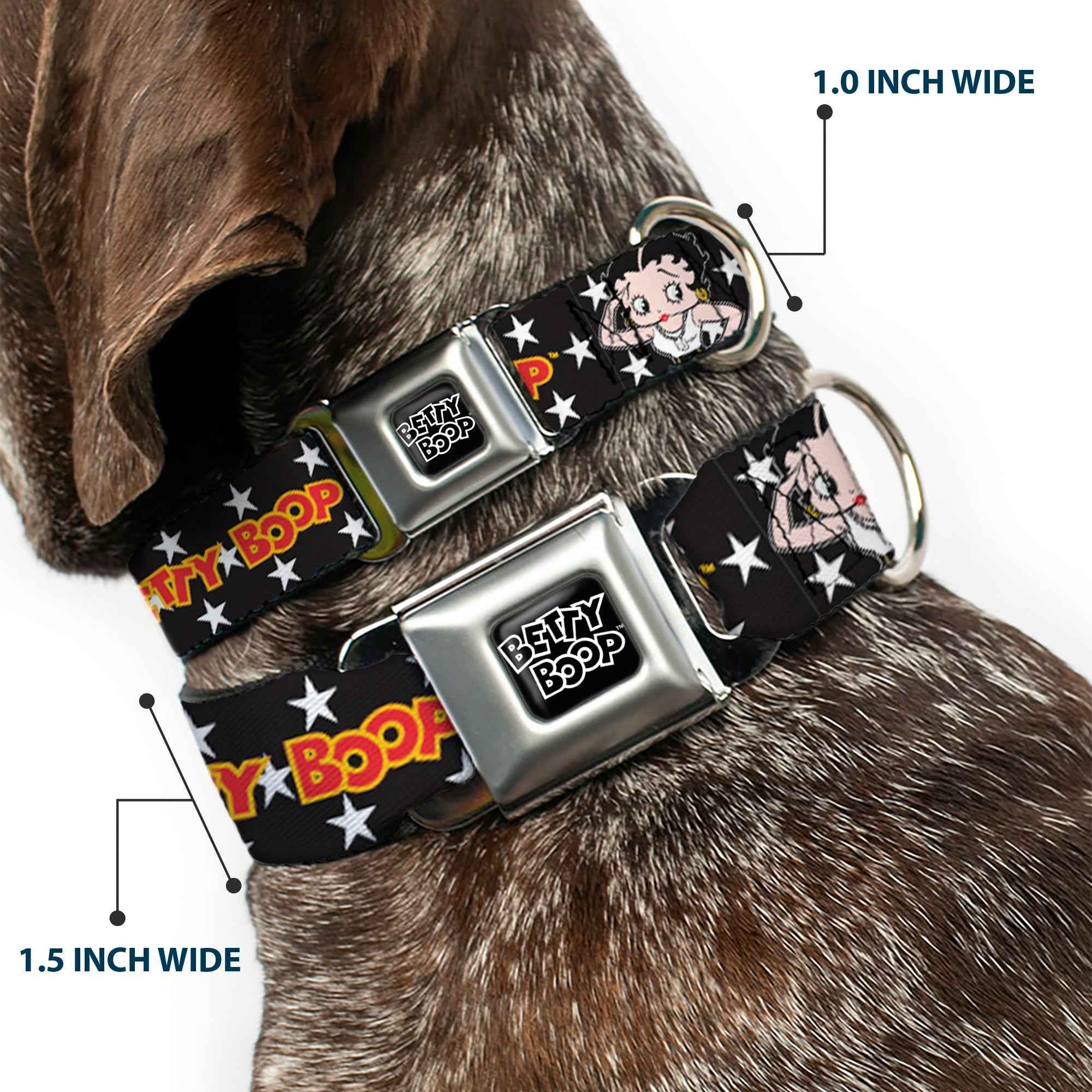 Buckle-Down Betty Boop Text Heart Logo Black/White & Salute Pose and Text Stars Seatbelt Buckle Dog Collar