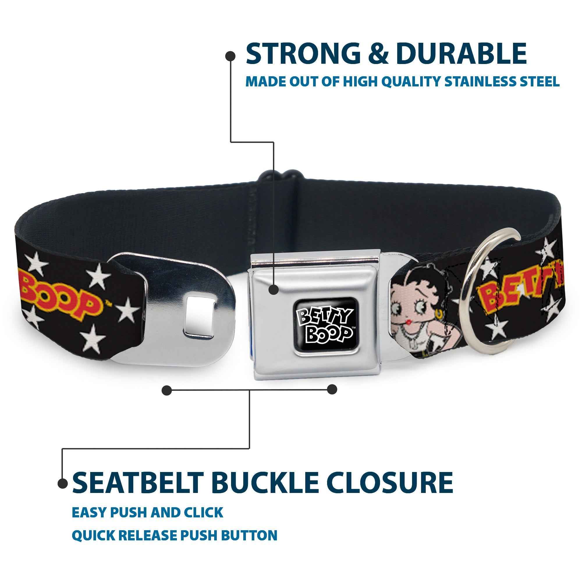 Buckle-Down Betty Boop Text Heart Logo Black/White & Salute Pose and Text Stars Seatbelt Buckle Dog Collar