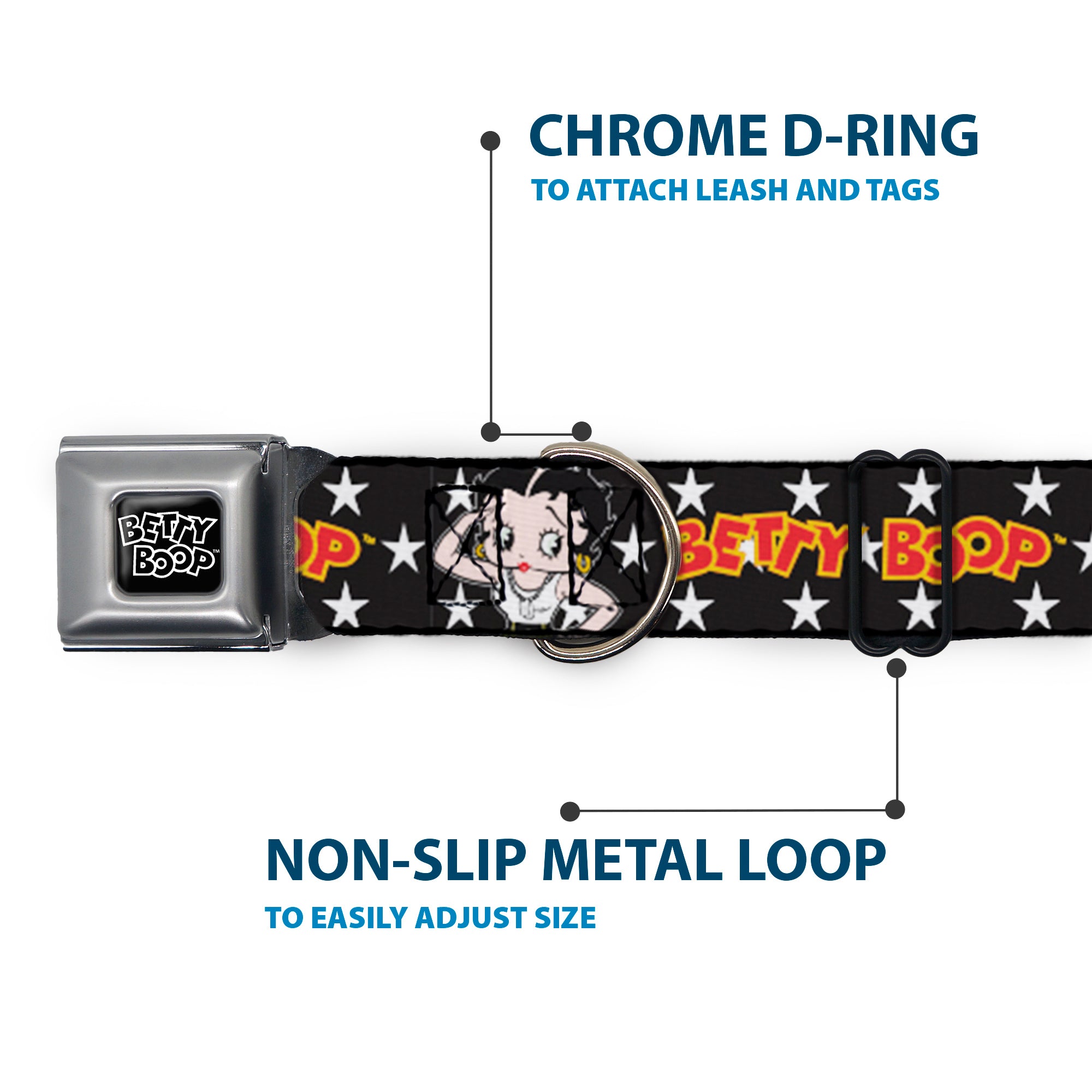 Buckle-Down Betty Boop Text Heart Logo Black/White & Salute Pose and Text Stars Seatbelt Buckle Dog Collar