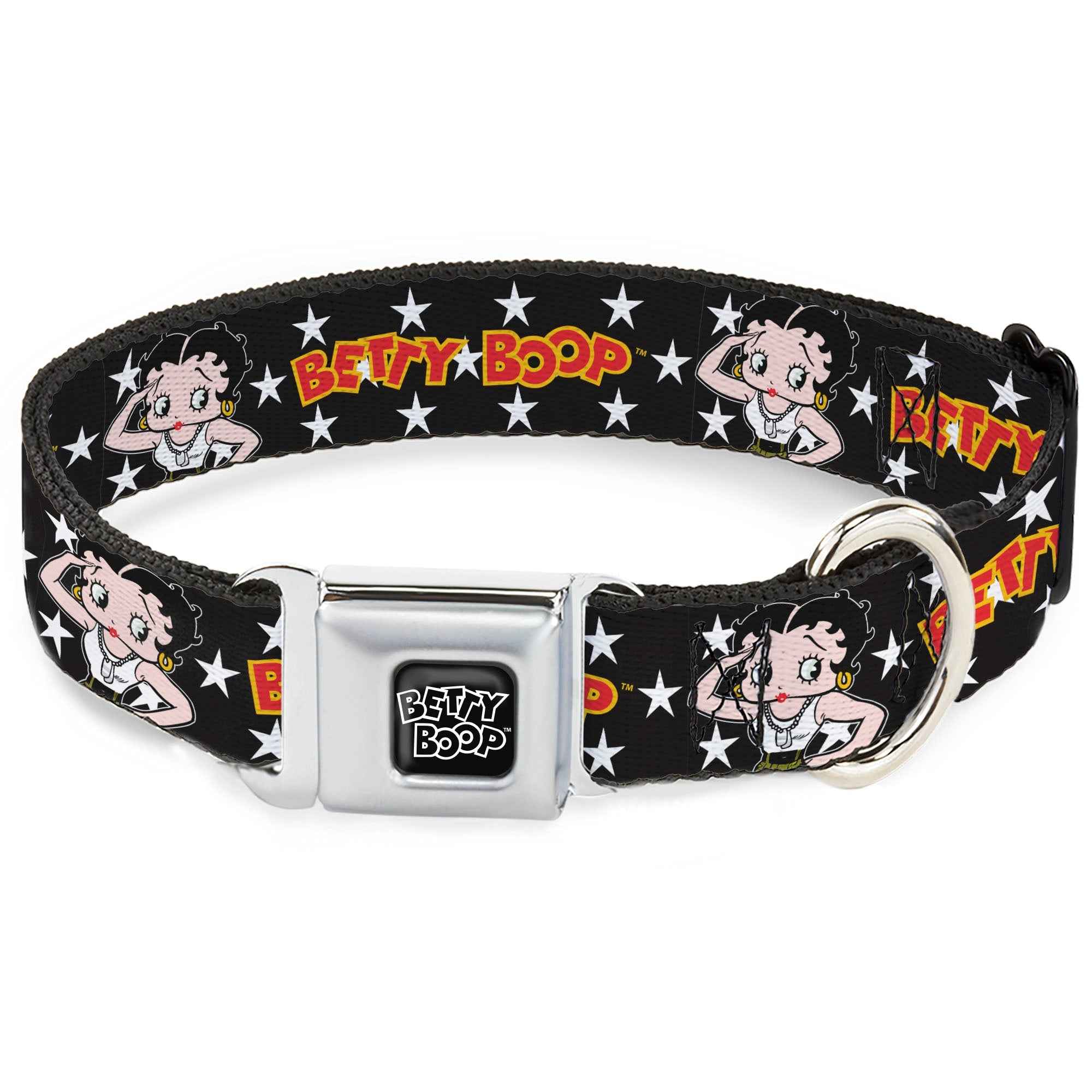Buckle-Down Betty Boop Text Heart Logo Black/White & Salute Pose and Text Stars Seatbelt Buckle Dog Collar