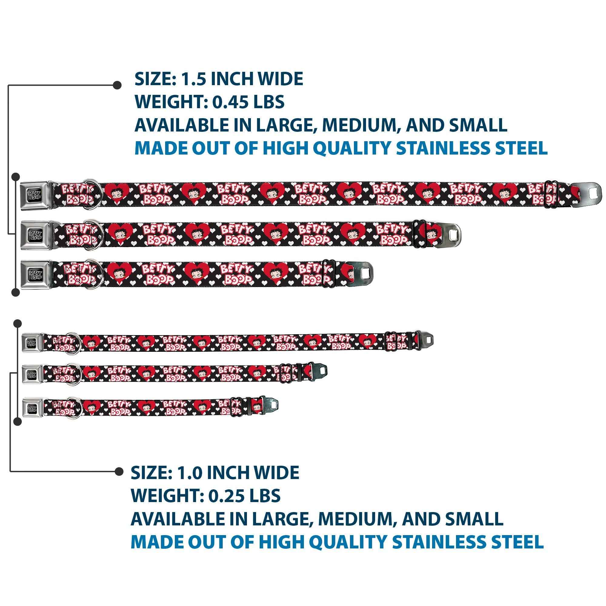 Buckle-Down Betty Boop Text Heart Logo Full Color Black/White Seatbelt Buckle Dog Collar - Betty Boop Face and Text Hearts Black/White/Red