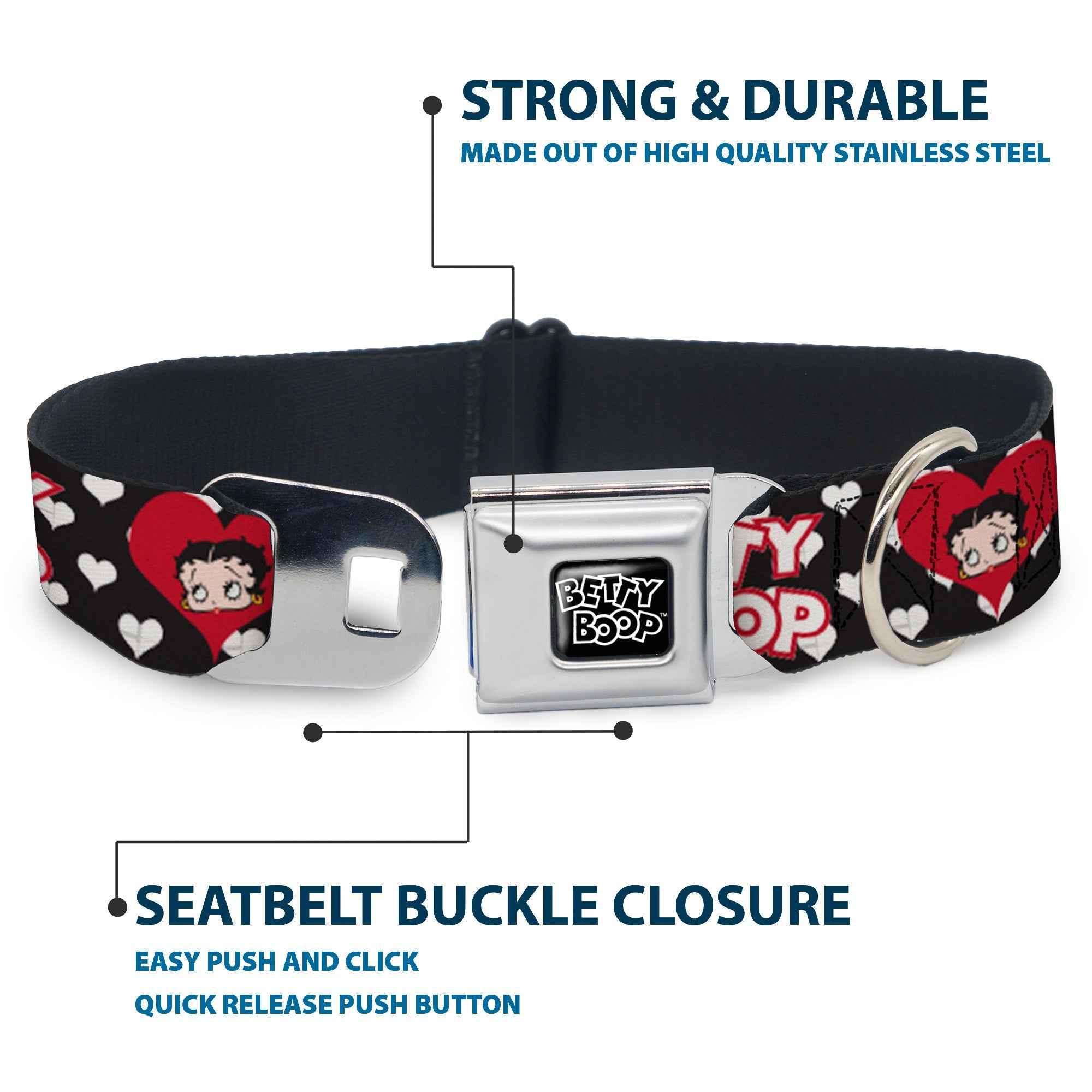 Buckle-Down Betty Boop Text Heart Logo Full Color Black/White Seatbelt Buckle Dog Collar - Betty Boop Face and Text Hearts Black/White/Red