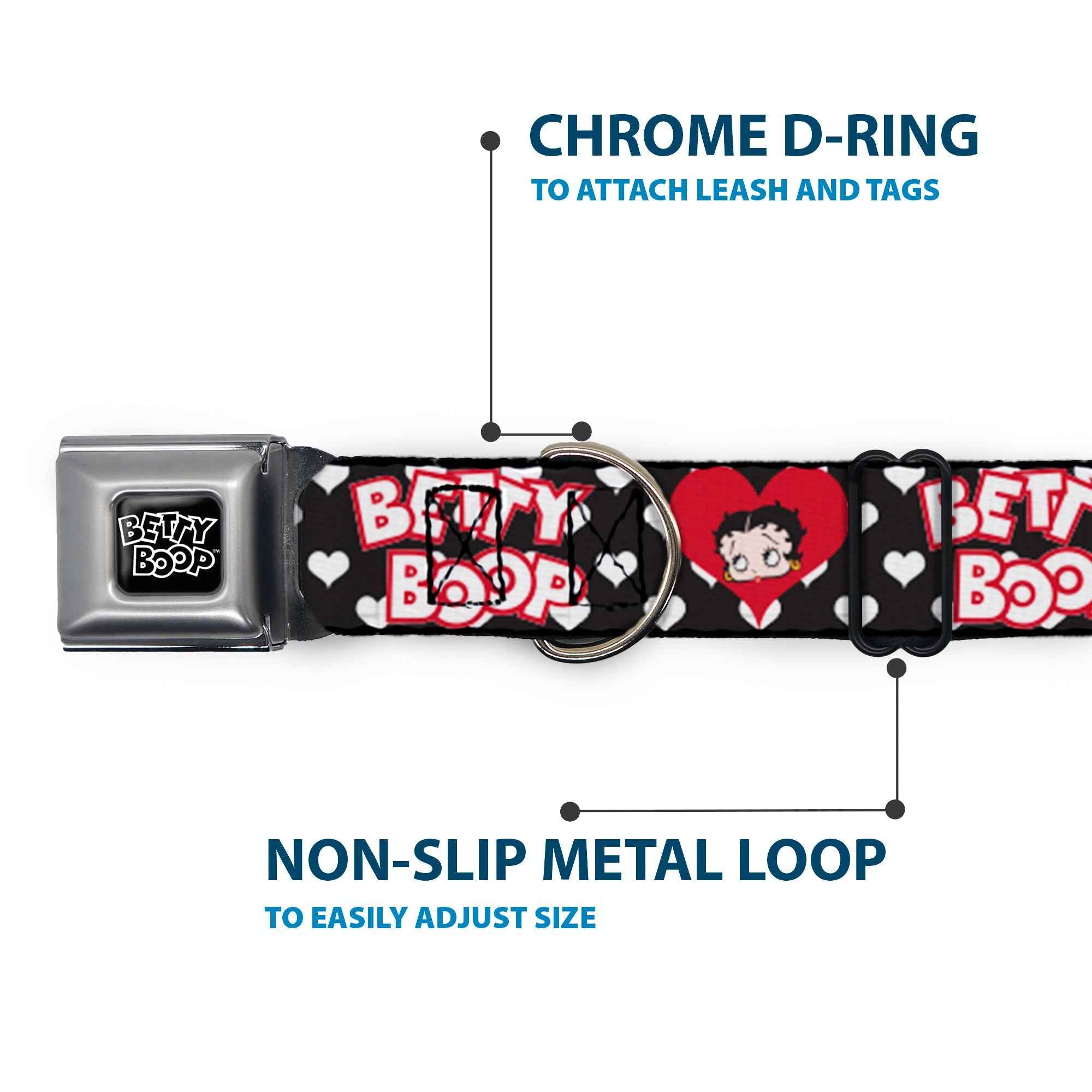 Buckle-Down Betty Boop Text Heart Logo Full Color Black/White Seatbelt Buckle Dog Collar - Betty Boop Face and Text Hearts Black/White/Red